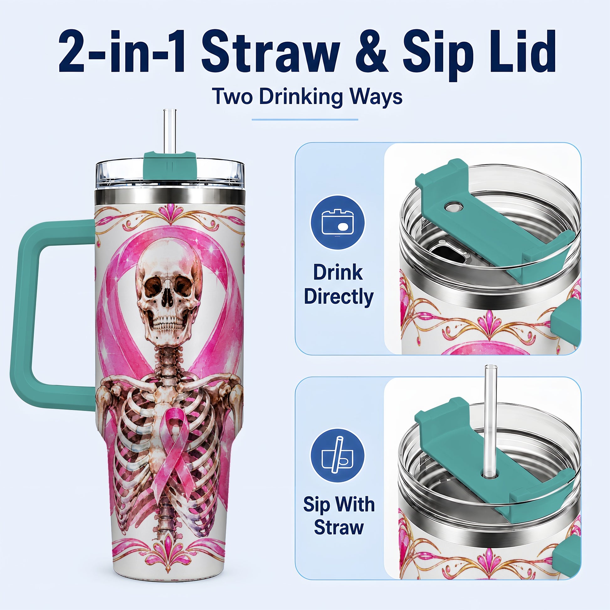 #pl[40oz|Green] Skeleton 40oz Tumbler with Handle, Pink Ribbon Stainless Steel Travel Cup