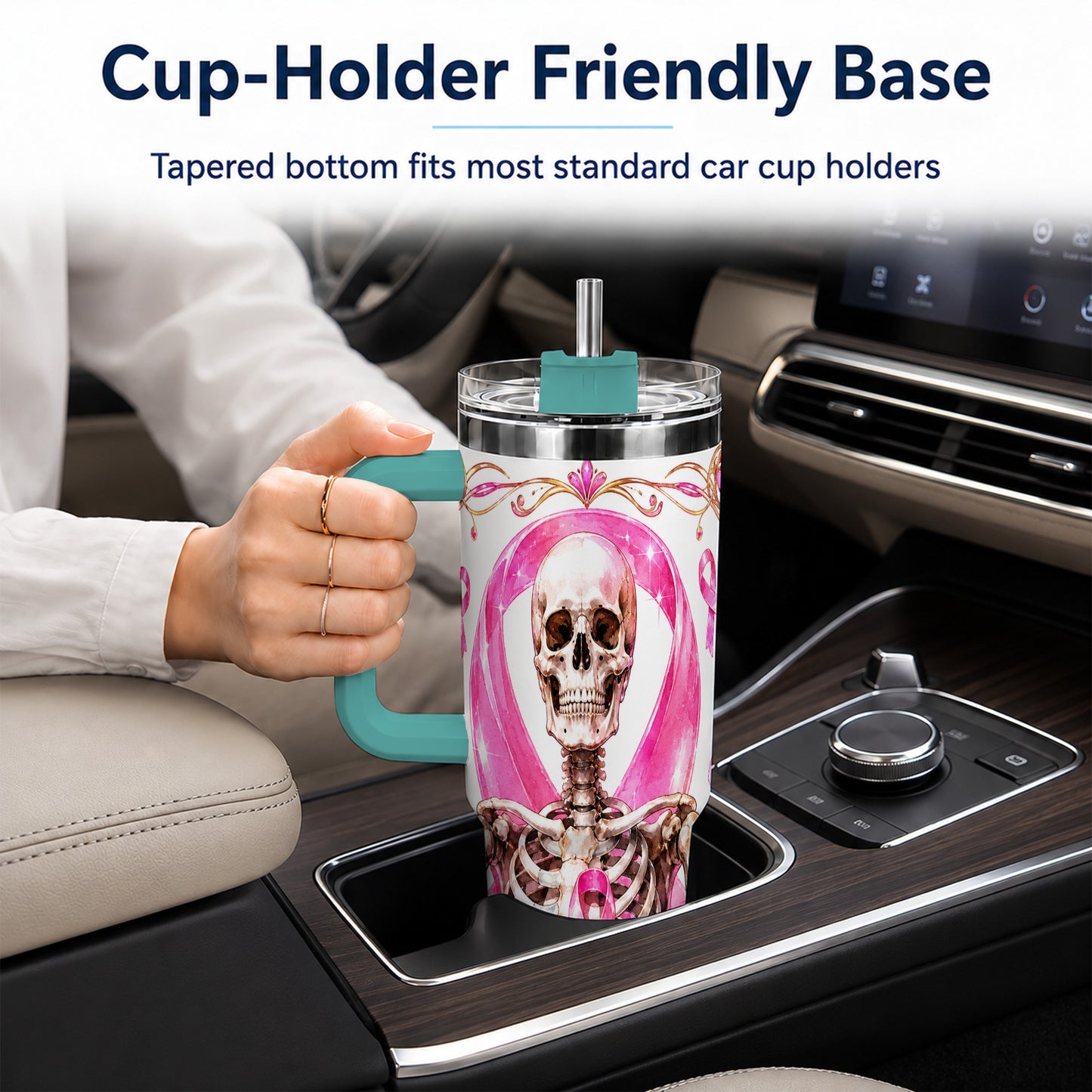 #pl[40oz|Green] Skeleton 40oz Tumbler with Handle, Pink Ribbon Stainless Steel Travel Cup