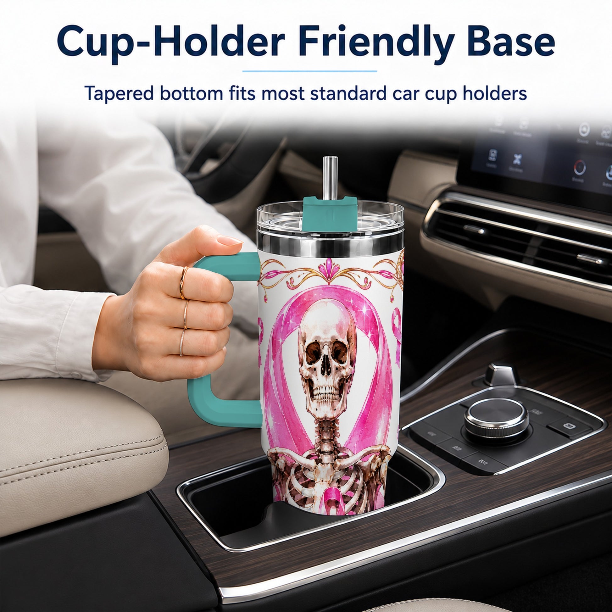 #pl[40oz|Green] Skeleton 40oz Tumbler with Handle, Pink Ribbon Stainless Steel Travel Cup
