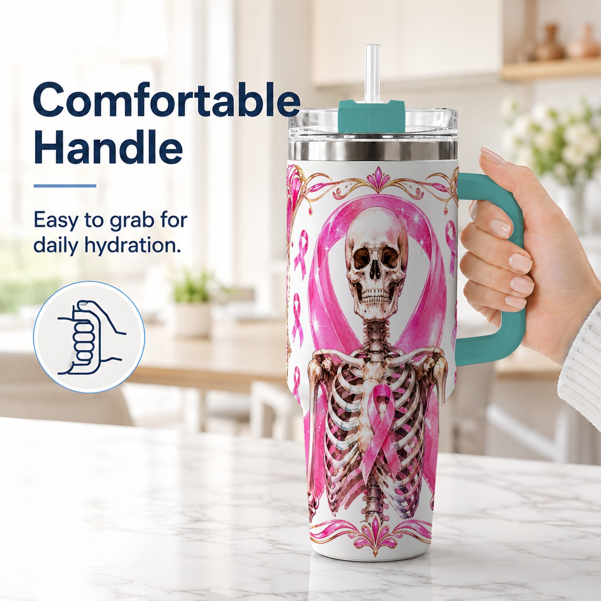 #pl[40oz|Green] Skeleton 40oz Tumbler with Handle, Pink Ribbon Stainless Steel Travel Cup