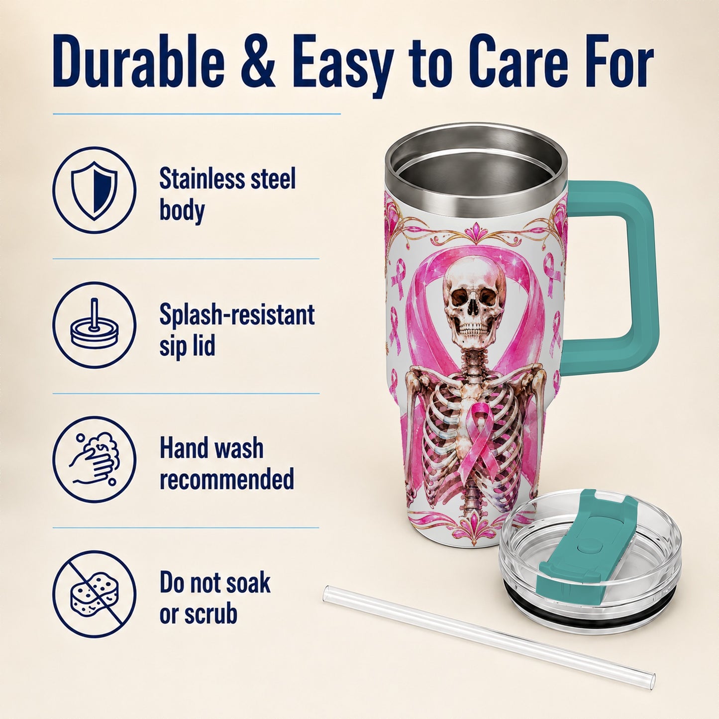 #pl[40oz|Green] Skeleton 40oz Tumbler with Handle, Pink Ribbon Stainless Steel Travel Cup