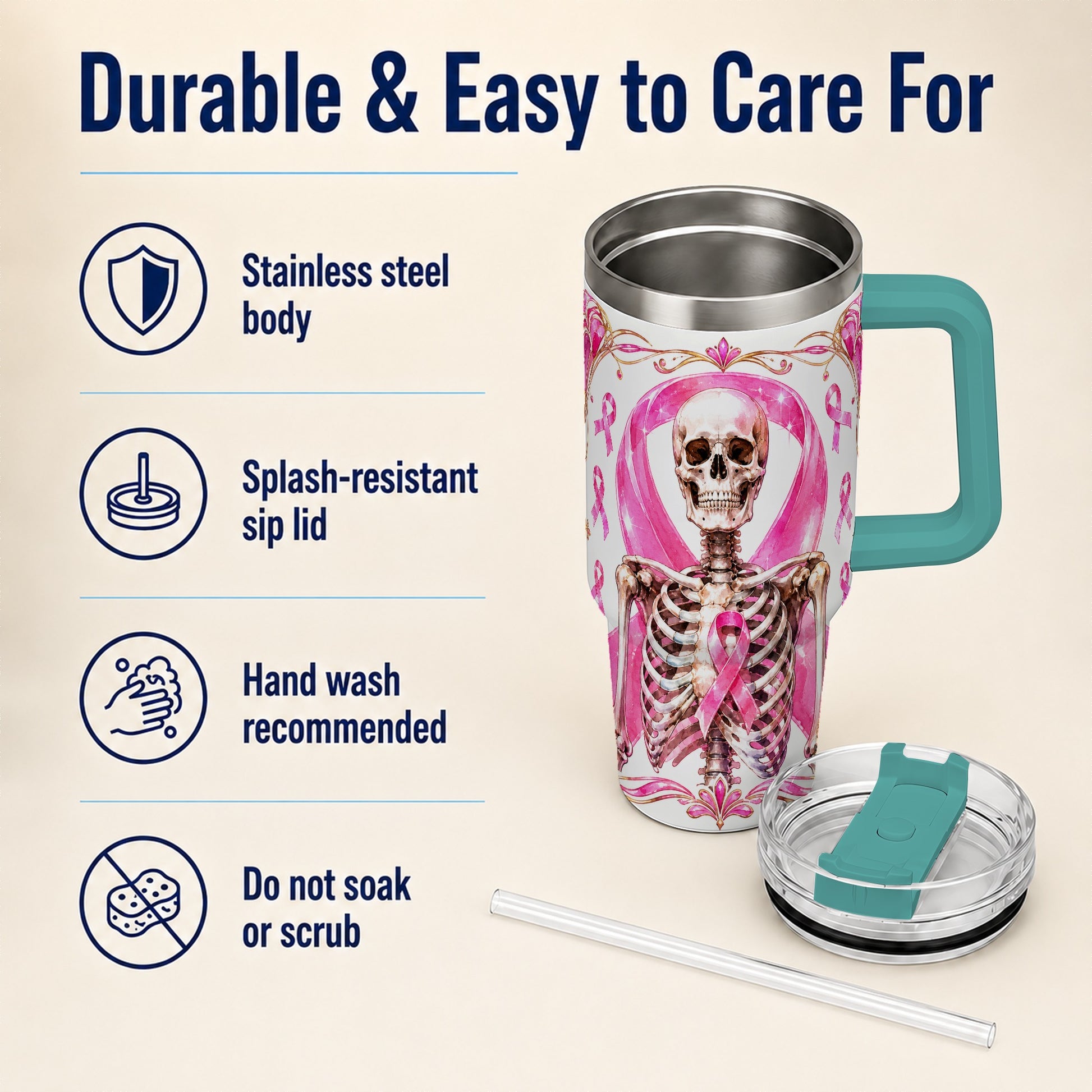 #pl[40oz|Green] Skeleton 40oz Tumbler with Handle, Pink Ribbon Stainless Steel Travel Cup