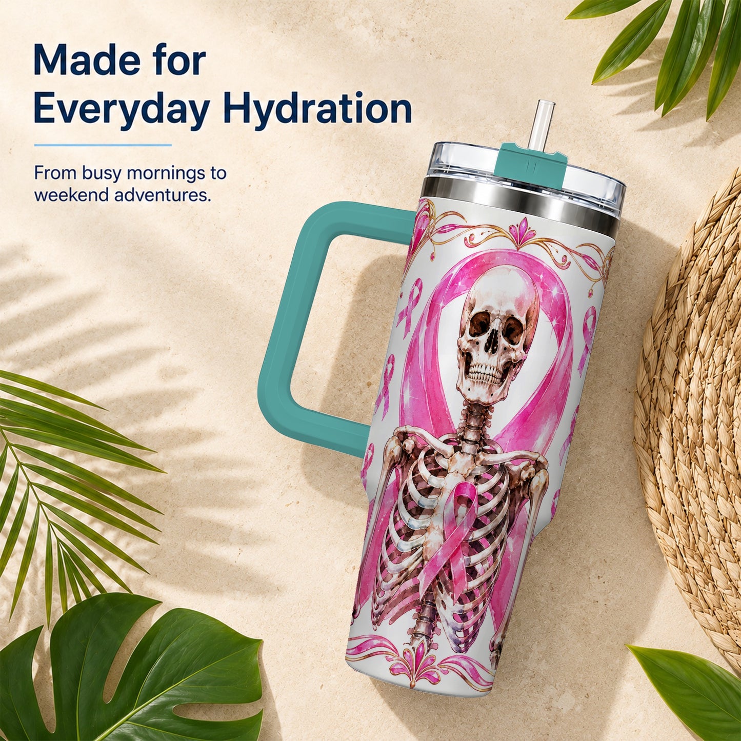 #pl[40oz|Green] Skeleton 40oz Tumbler with Handle, Pink Ribbon Stainless Steel Travel Cup