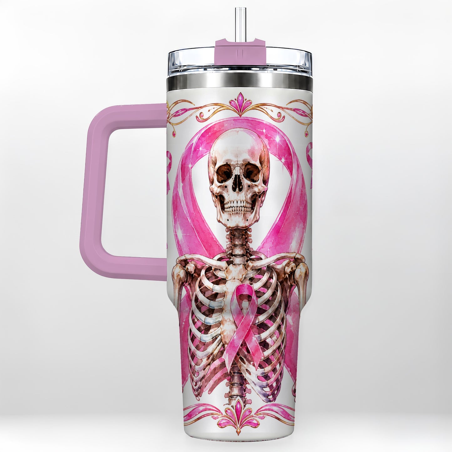 #pl[40oz|Pink] Skeleton 40oz Tumbler with Handle, Pink Ribbon Stainless Steel Travel Cup