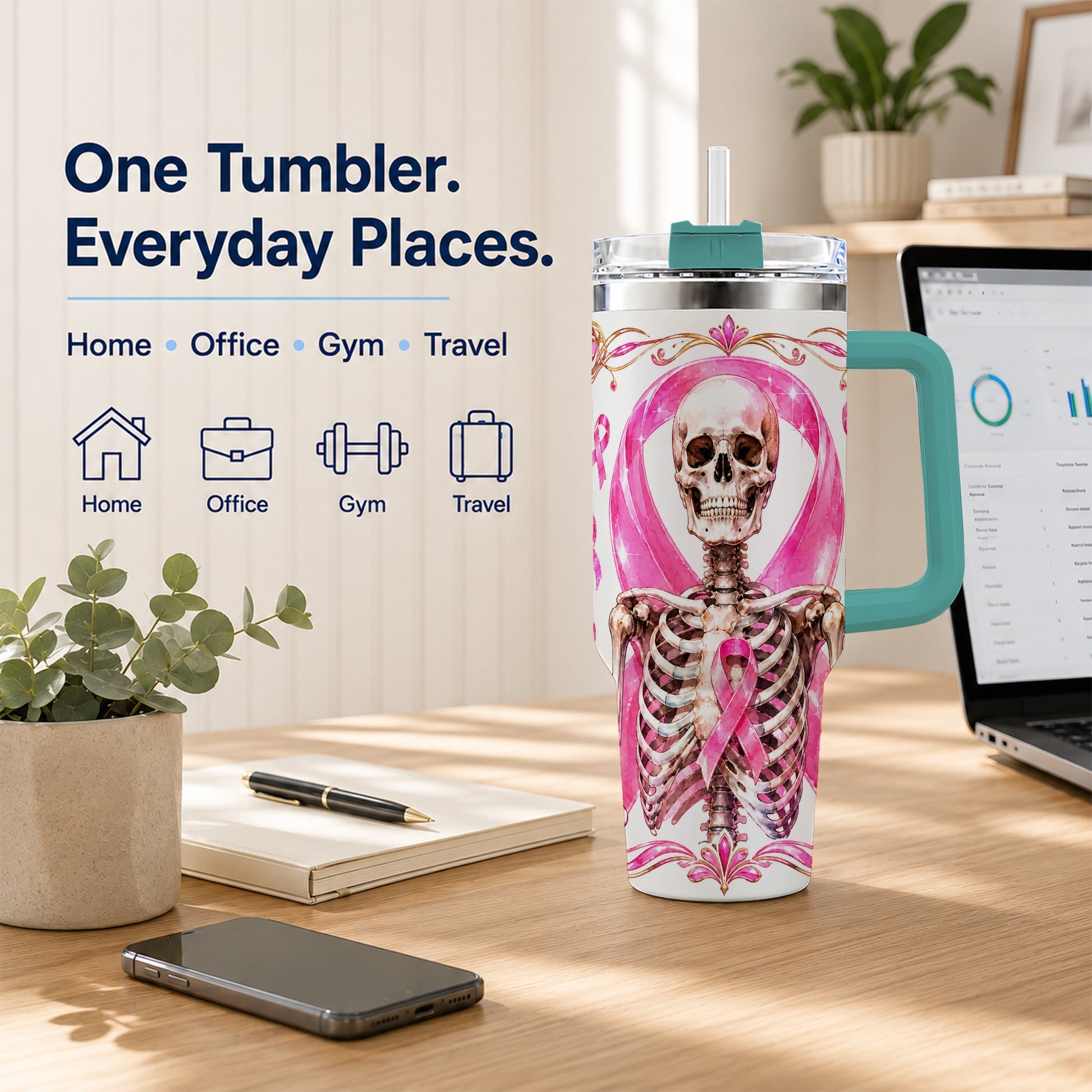 #pl[40oz|Green] Skeleton 40oz Tumbler with Handle, Pink Ribbon Stainless Steel Travel Cup