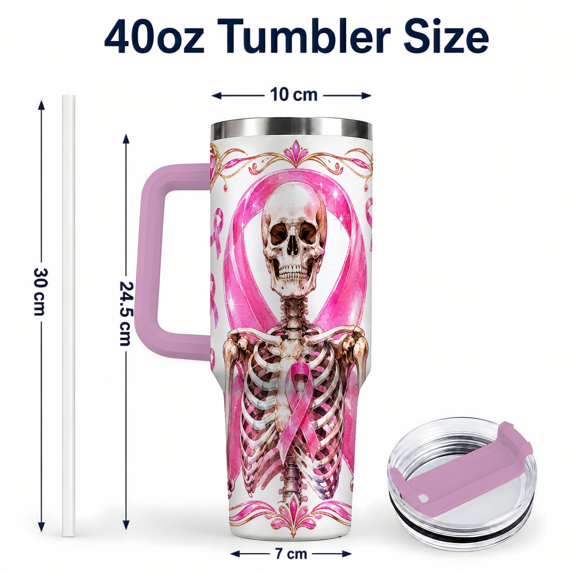 #pl[40oz|Pink] Skeleton 40oz Tumbler with Handle, Pink Ribbon Stainless Steel Travel Cup