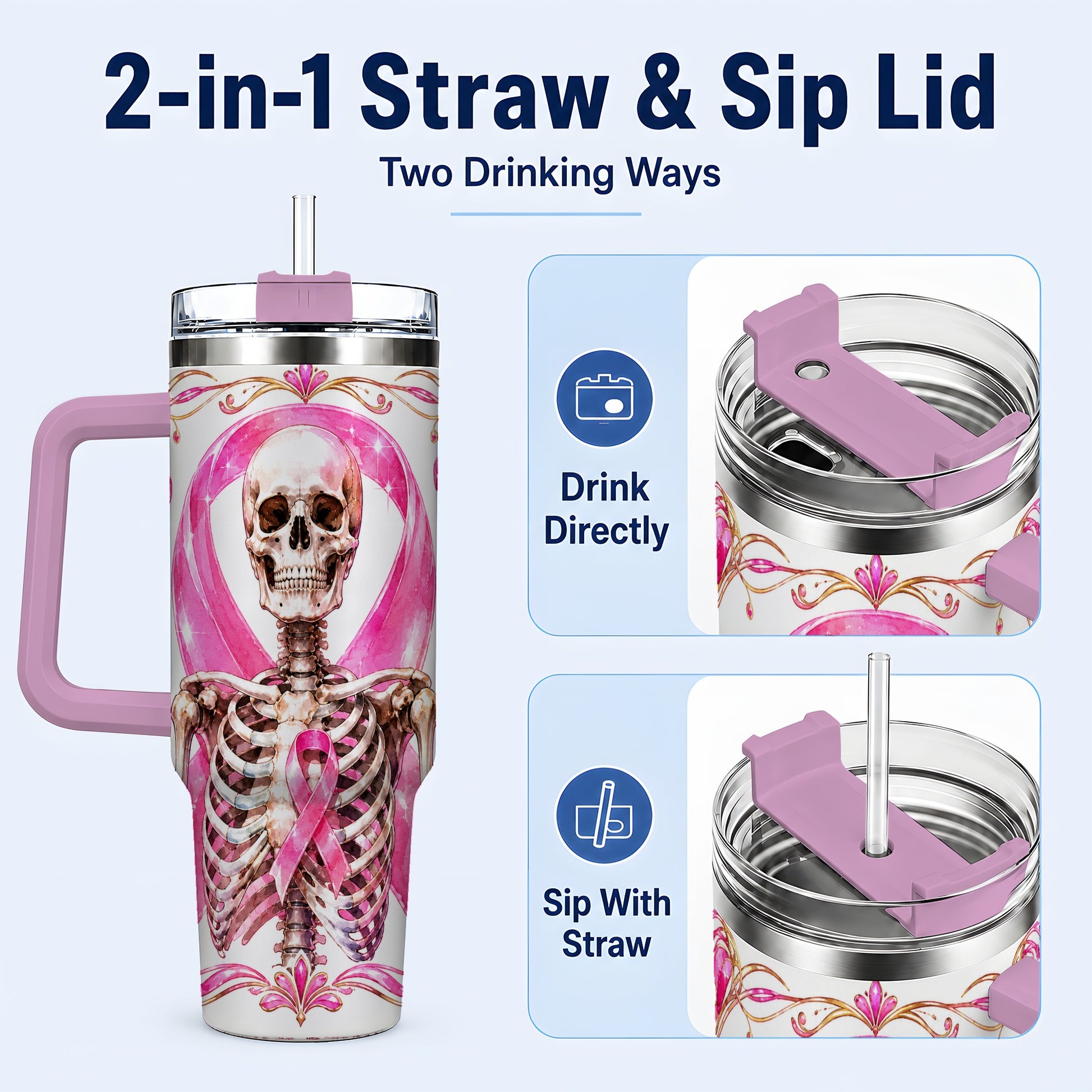 #pl[40oz|Pink] Skeleton 40oz Tumbler with Handle, Pink Ribbon Stainless Steel Travel Cup