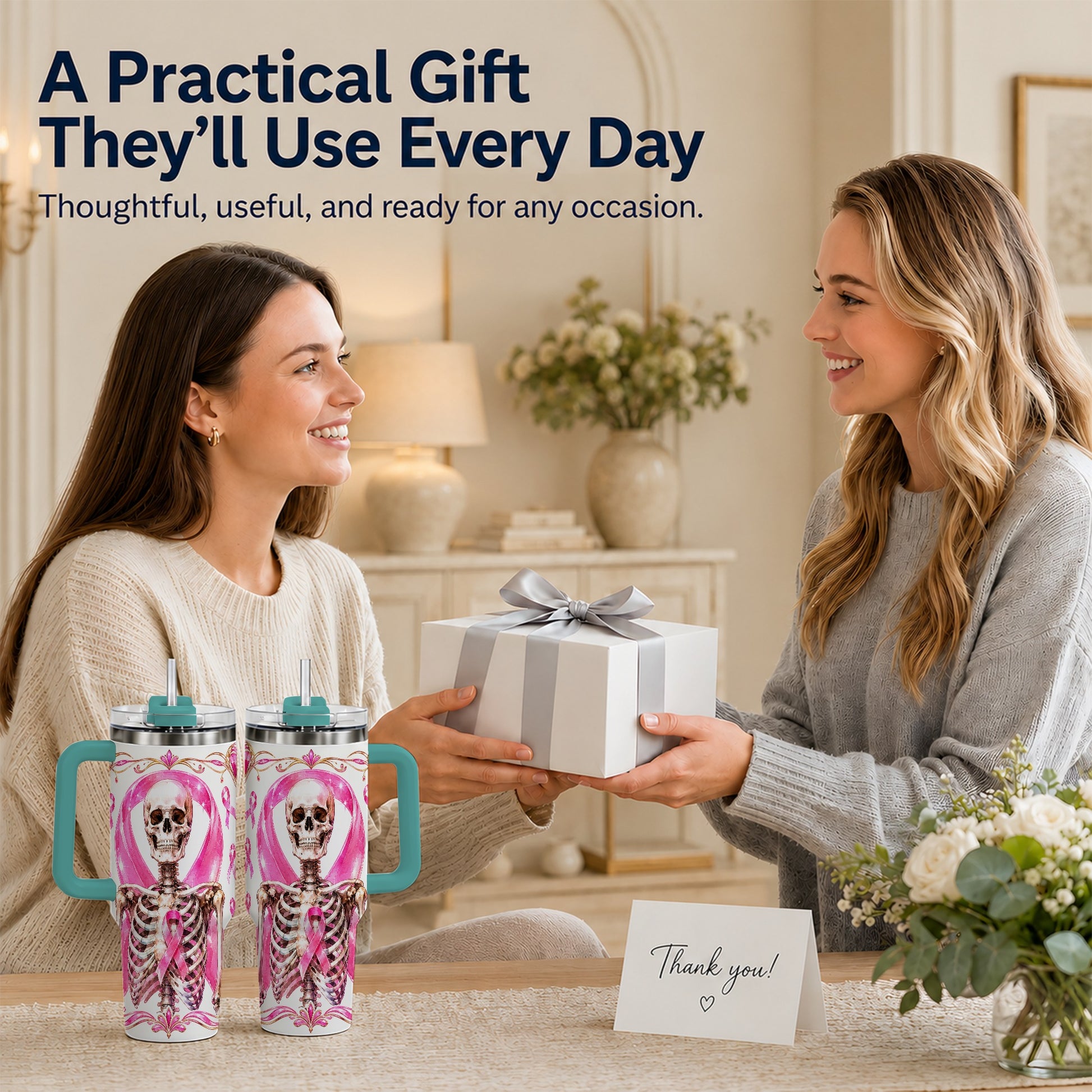 #pl[40oz|Green] Skeleton 40oz Tumbler with Handle, Pink Ribbon Stainless Steel Travel Cup