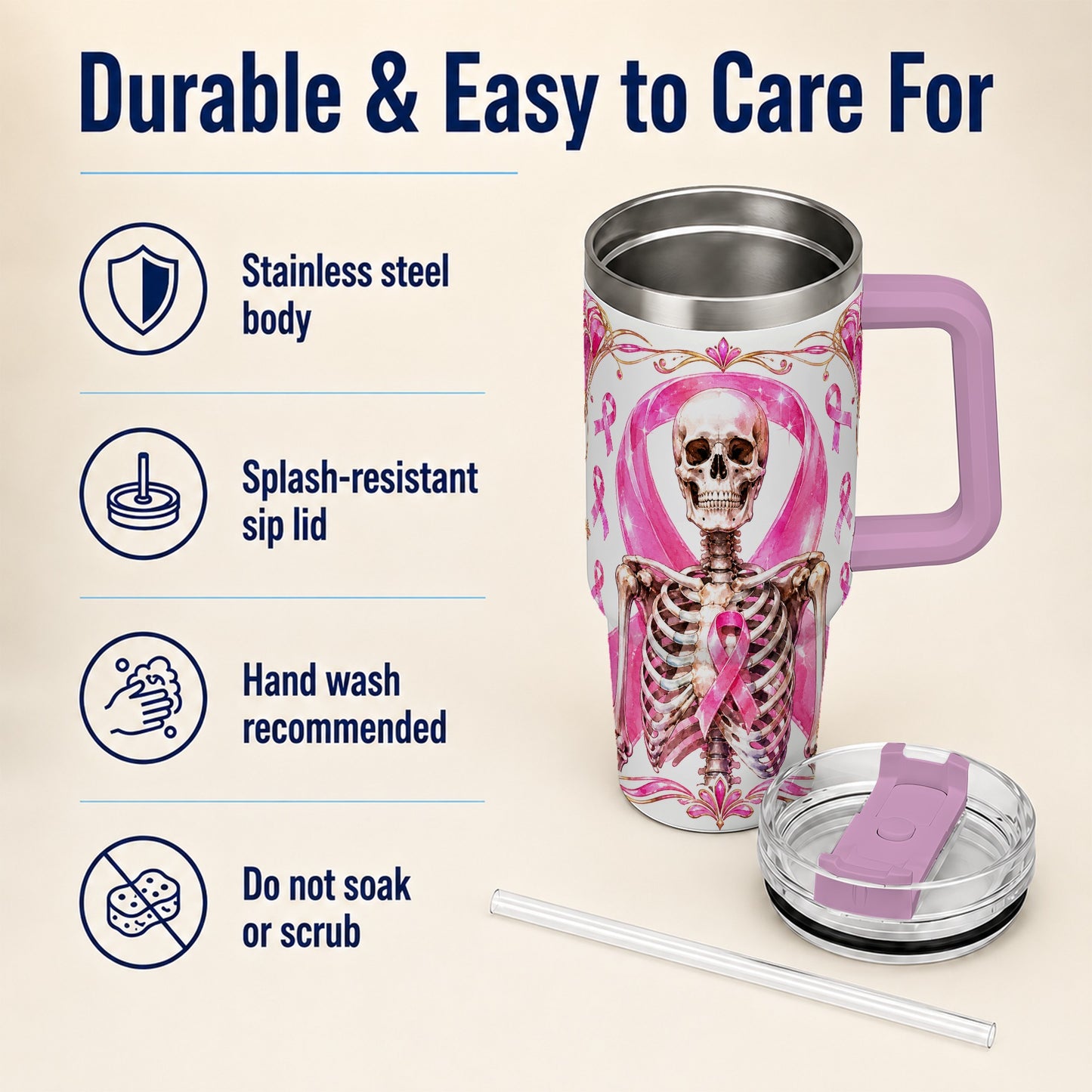 #pl[40oz|Pink] Skeleton 40oz Tumbler with Handle, Pink Ribbon Stainless Steel Travel Cup