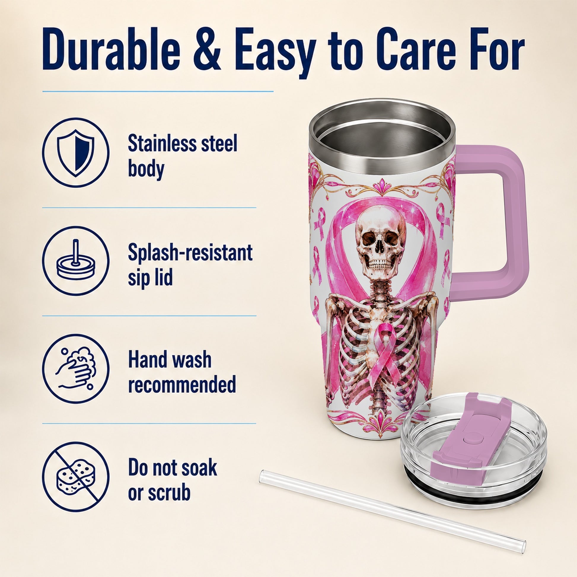 #pl[40oz|Pink] Skeleton 40oz Tumbler with Handle, Pink Ribbon Stainless Steel Travel Cup