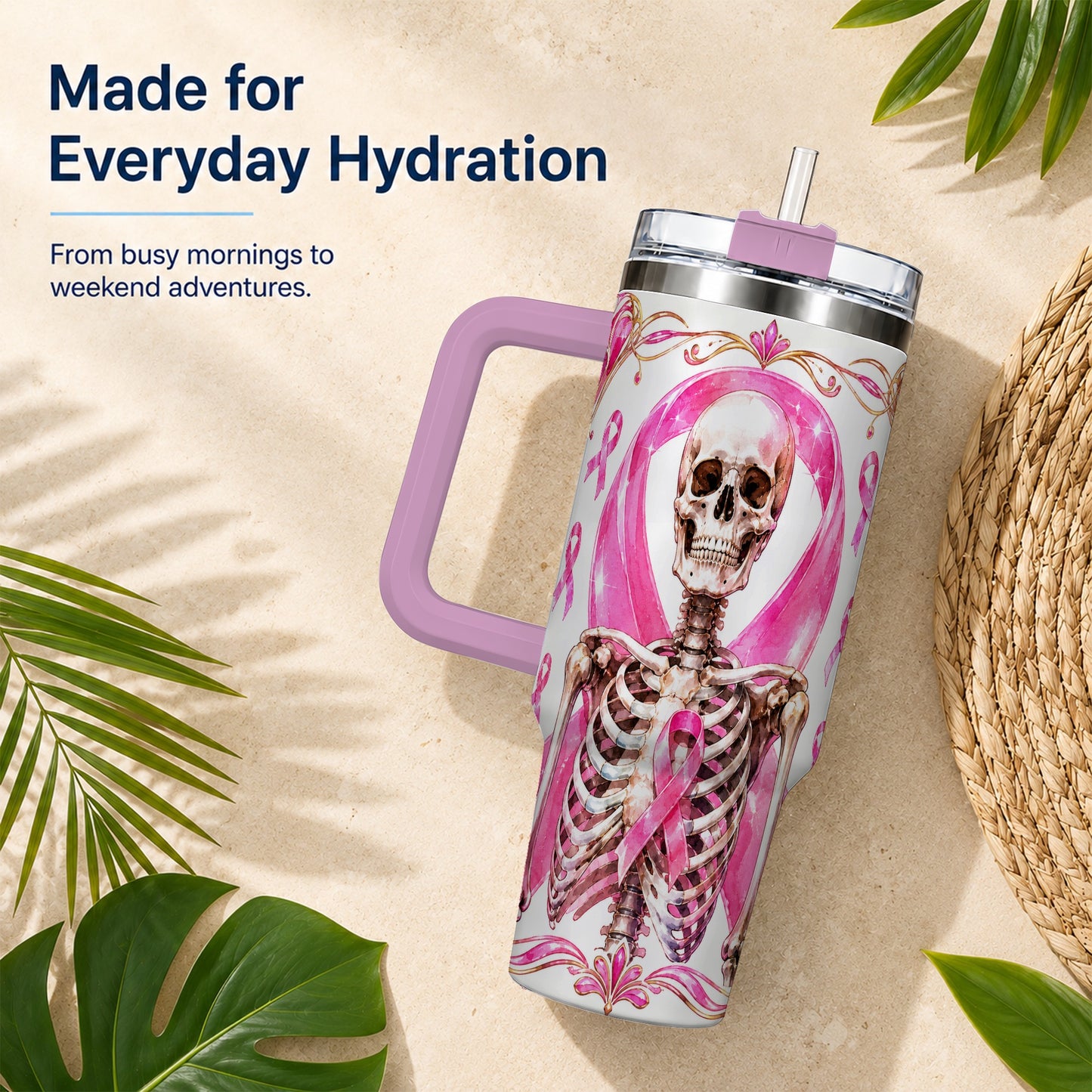 #pl[40oz|Pink] Skeleton 40oz Tumbler with Handle, Pink Ribbon Stainless Steel Travel Cup