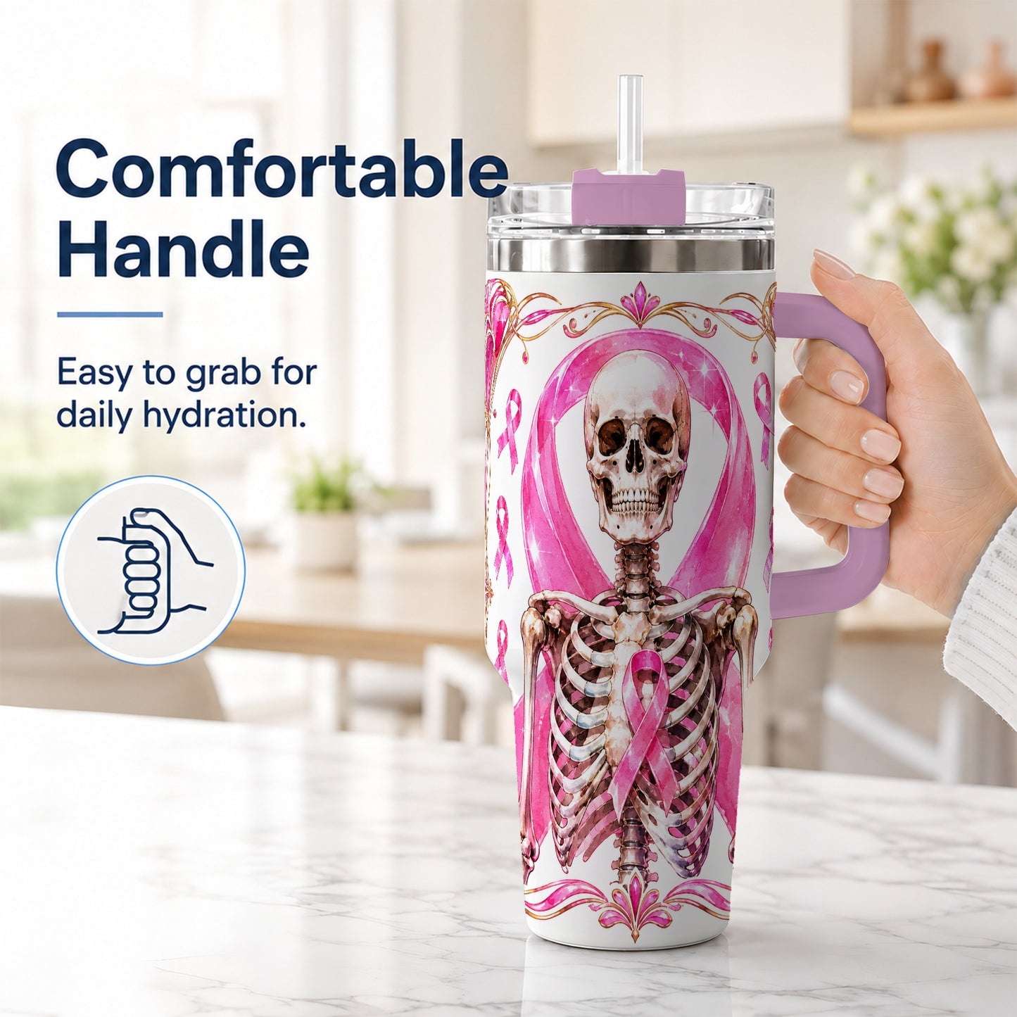 #pl[40oz|Pink] Skeleton 40oz Tumbler with Handle, Pink Ribbon Stainless Steel Travel Cup