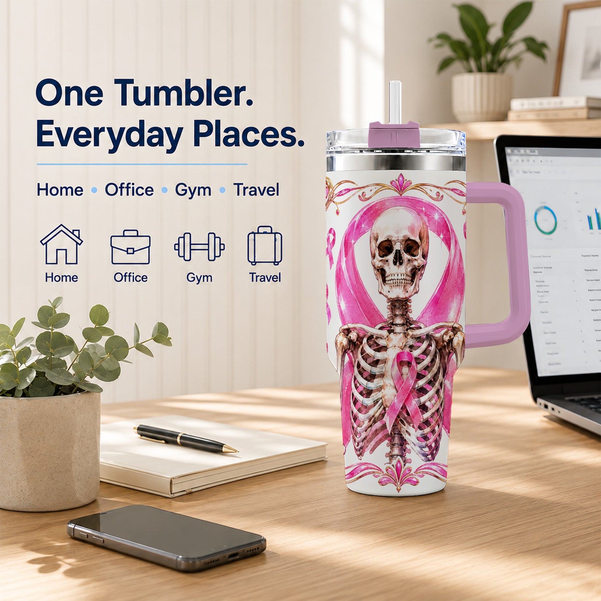 #pl[40oz|Pink] Skeleton 40oz Tumbler with Handle, Pink Ribbon Stainless Steel Travel Cup