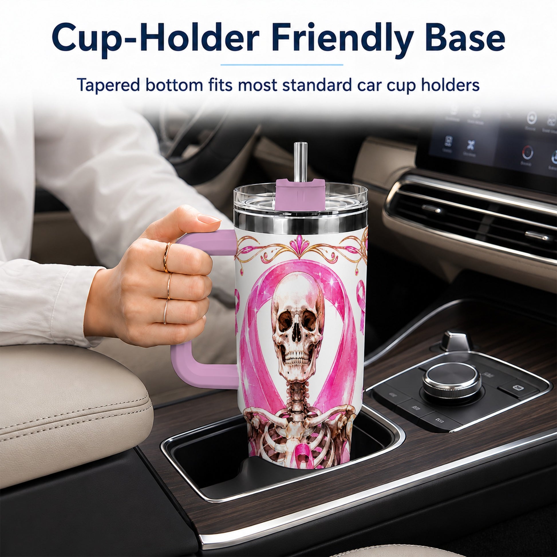 #pl[40oz|Pink] Skeleton 40oz Tumbler with Handle, Pink Ribbon Stainless Steel Travel Cup