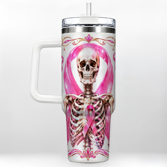 #pl[40oz|White] Skeleton 40oz Tumbler with Handle, Pink Ribbon Stainless Steel Travel Cup
