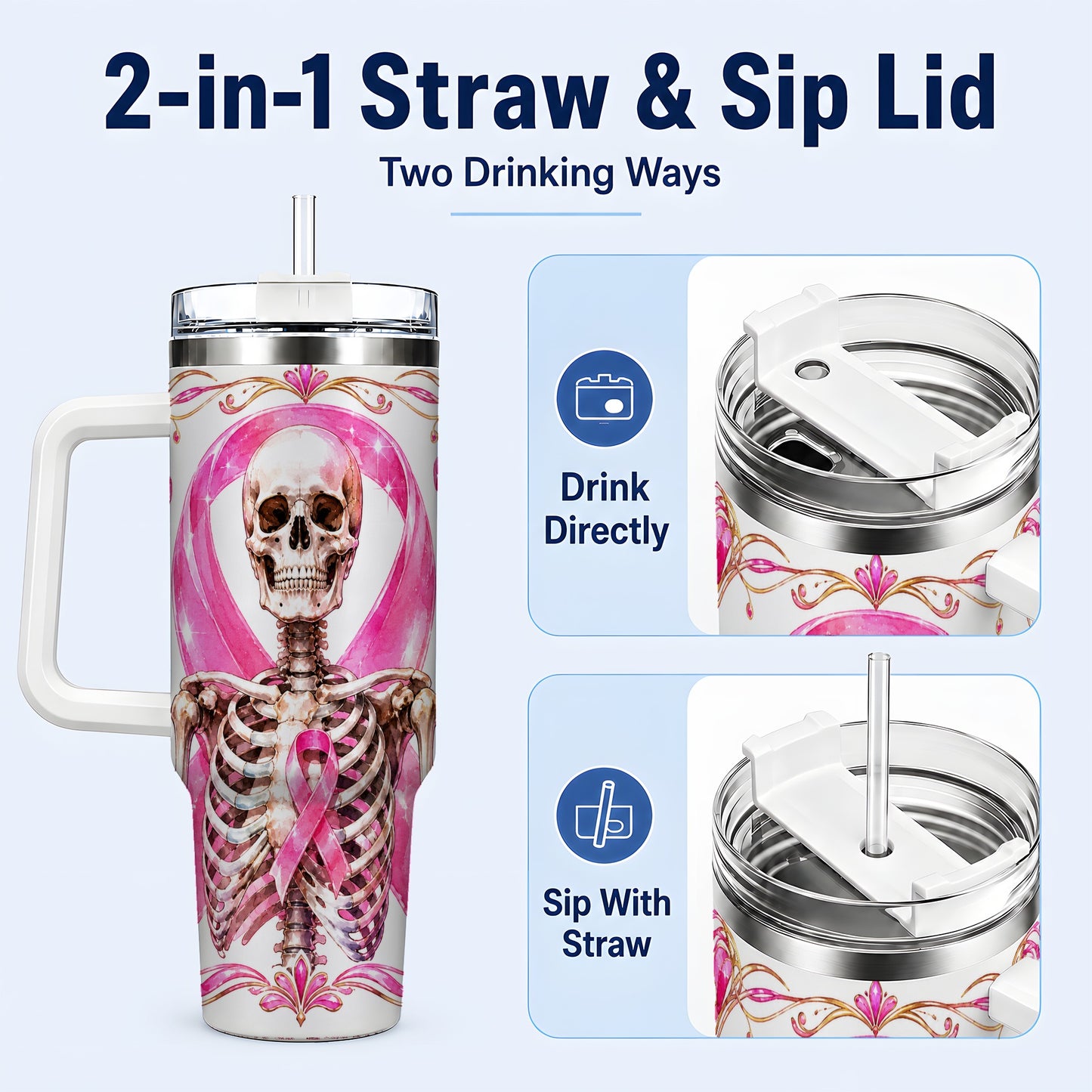 #pl[40oz|White] Skeleton 40oz Tumbler with Handle, Pink Ribbon Stainless Steel Travel Cup