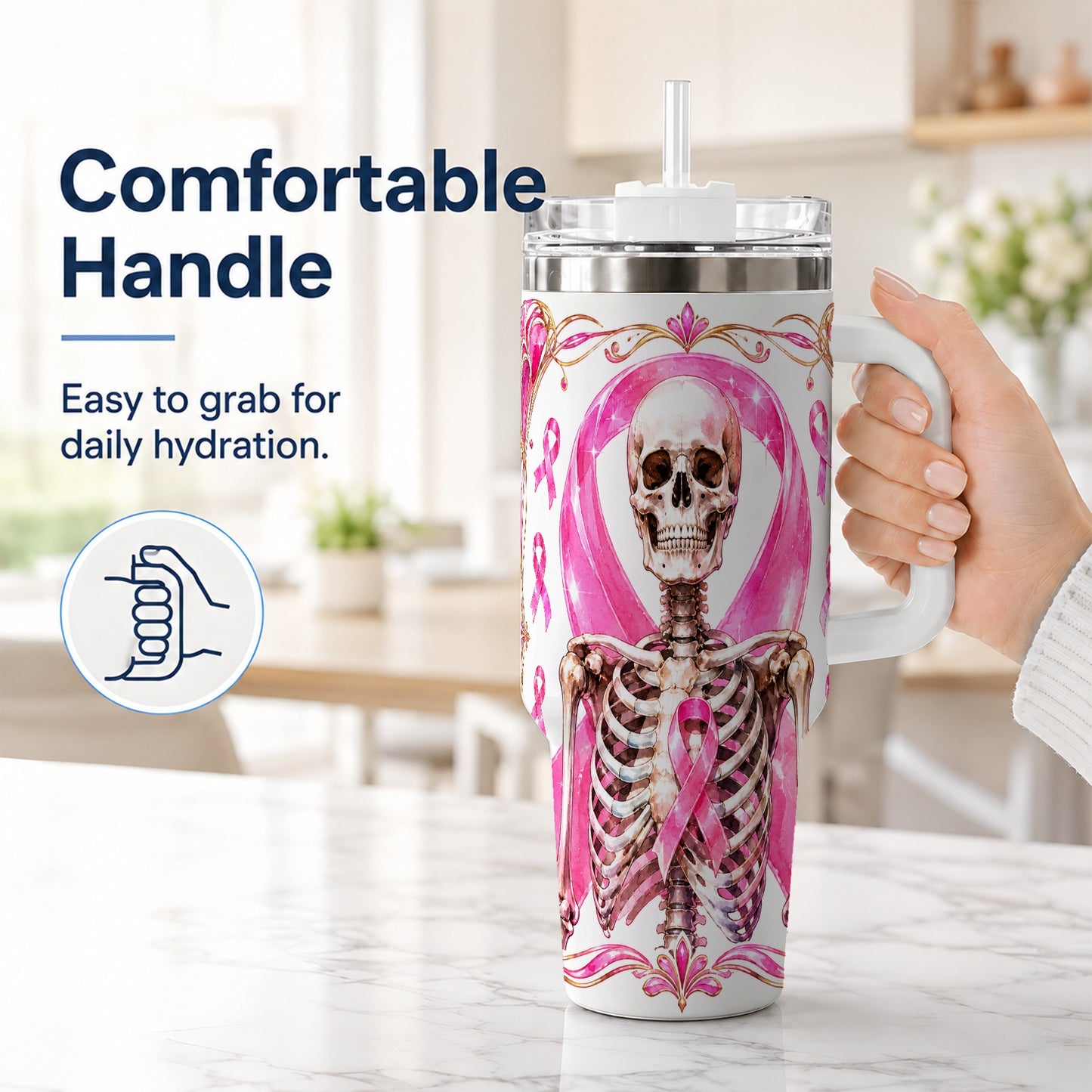 #pl[40oz|White] Skeleton 40oz Tumbler with Handle, Pink Ribbon Stainless Steel Travel Cup