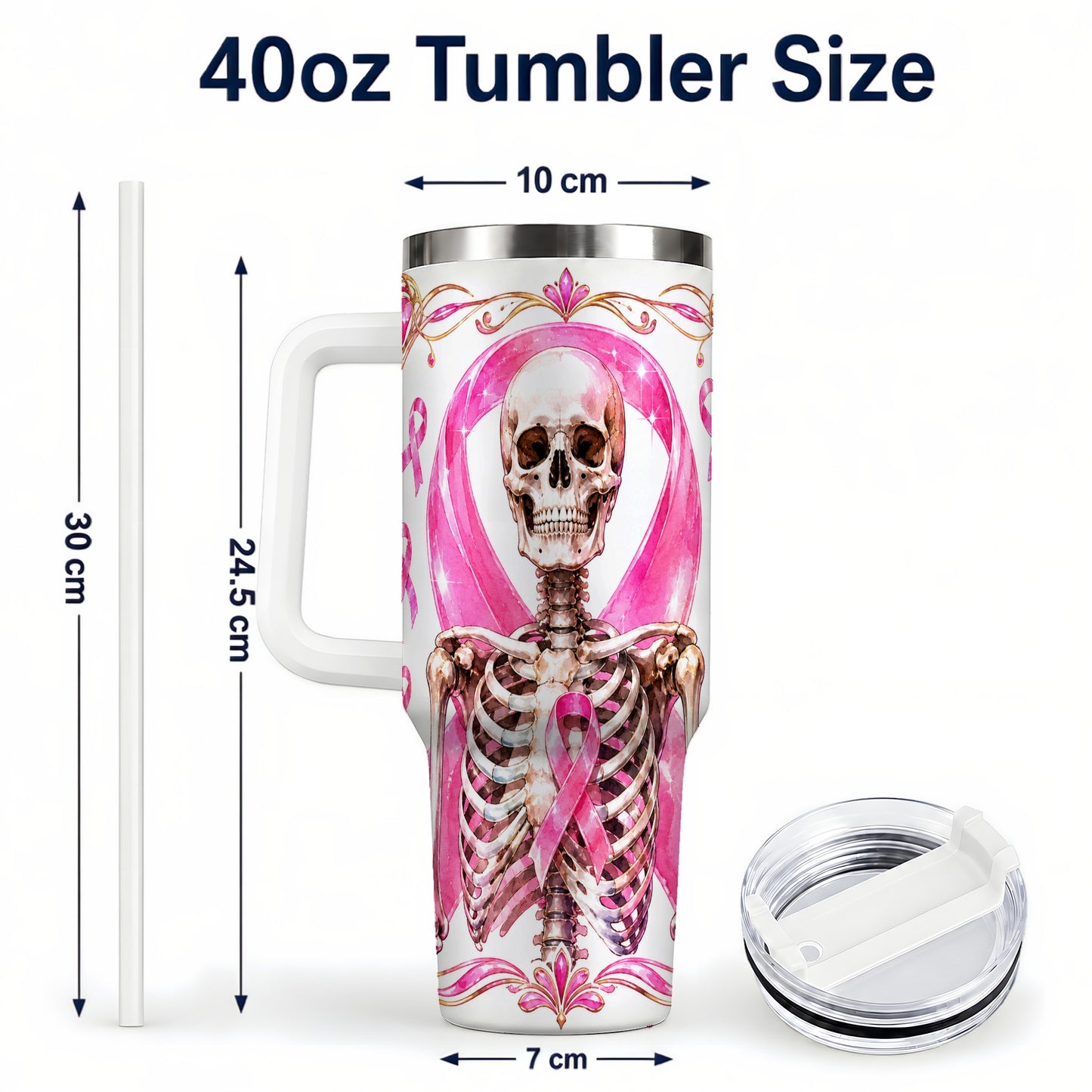#pl[40oz|White] Skeleton 40oz Tumbler with Handle, Pink Ribbon Stainless Steel Travel Cup