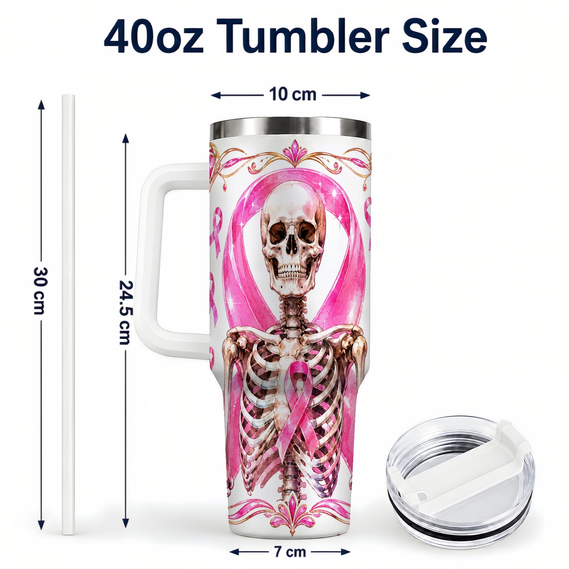 #pl[40oz|White] Skeleton 40oz Tumbler with Handle, Pink Ribbon Stainless Steel Travel Cup