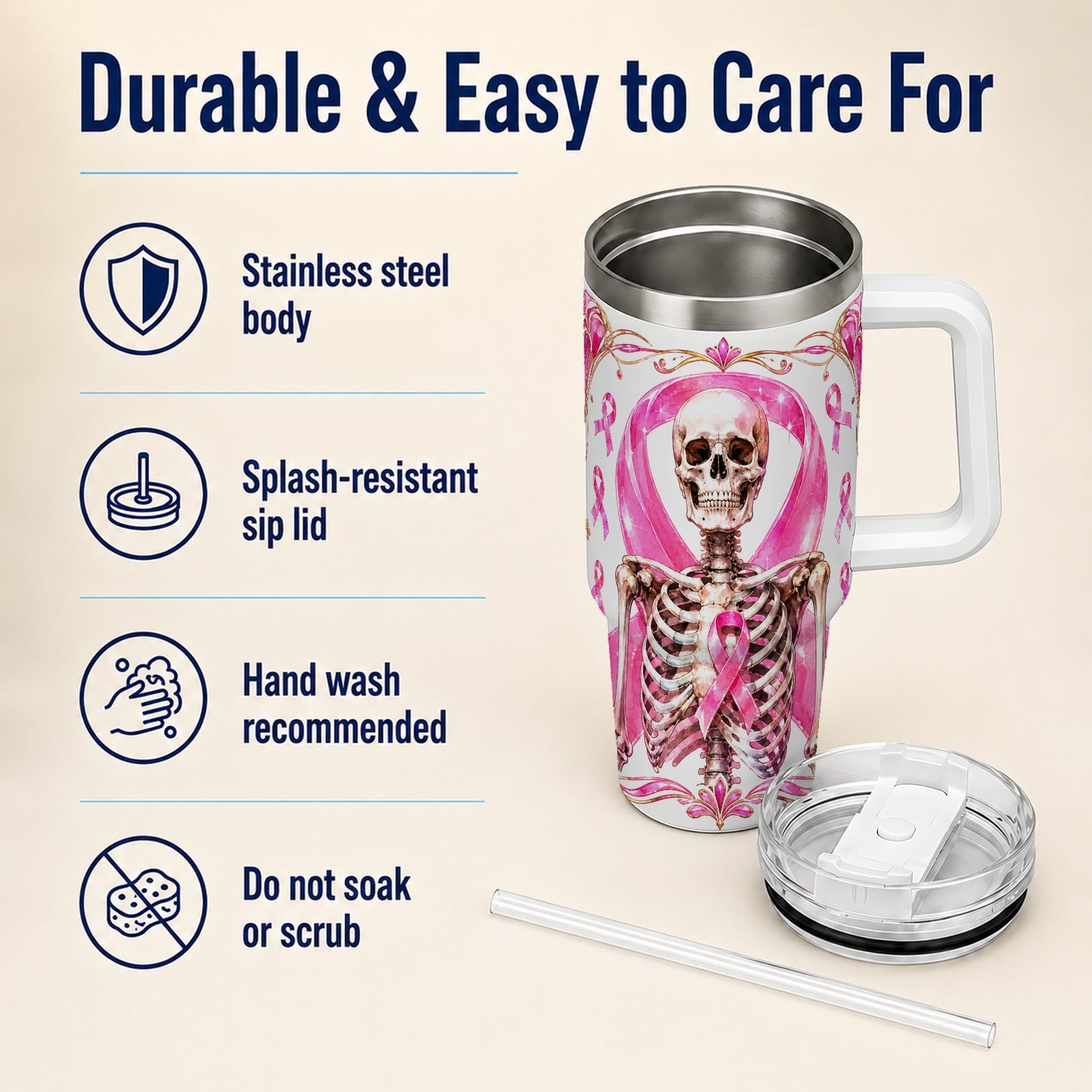 #pl[40oz|White] Skeleton 40oz Tumbler with Handle, Pink Ribbon Stainless Steel Travel Cup