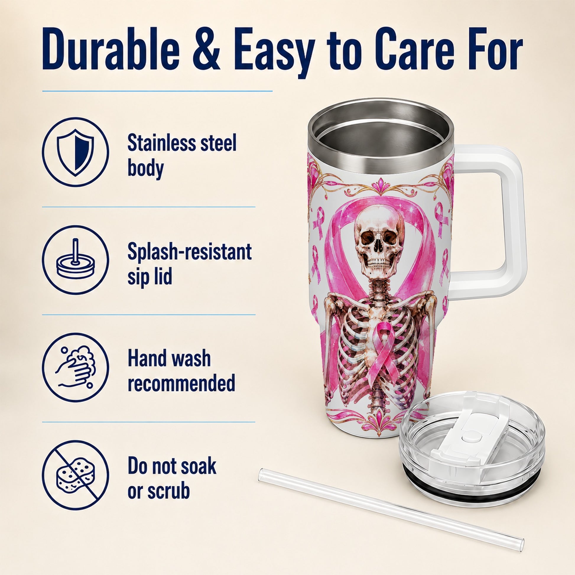 #pl[40oz|White] Skeleton 40oz Tumbler with Handle, Pink Ribbon Stainless Steel Travel Cup
