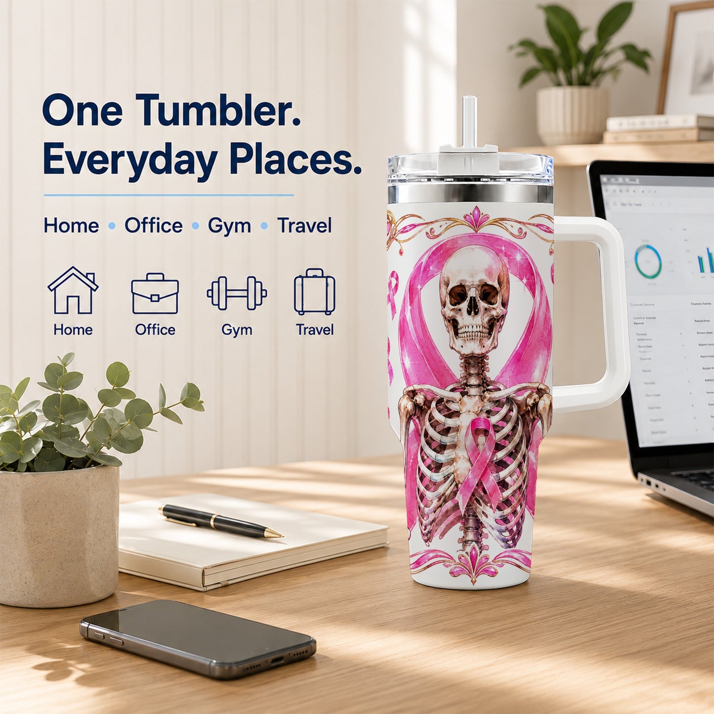#pl[40oz|White] Skeleton 40oz Tumbler with Handle, Pink Ribbon Stainless Steel Travel Cup