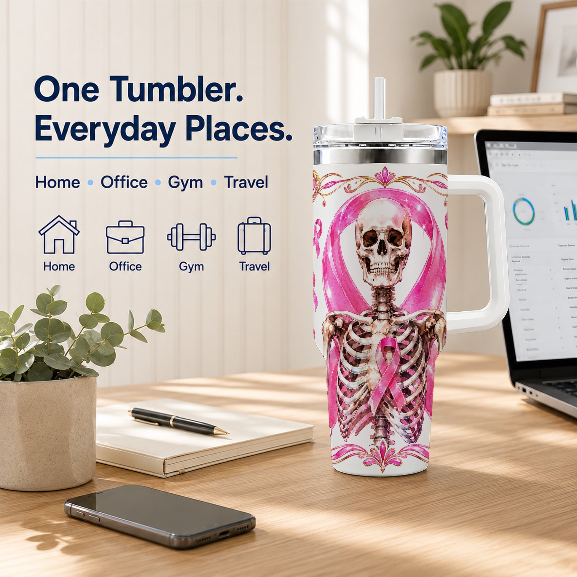 #pl[40oz|White] Skeleton 40oz Tumbler with Handle, Pink Ribbon Stainless Steel Travel Cup
