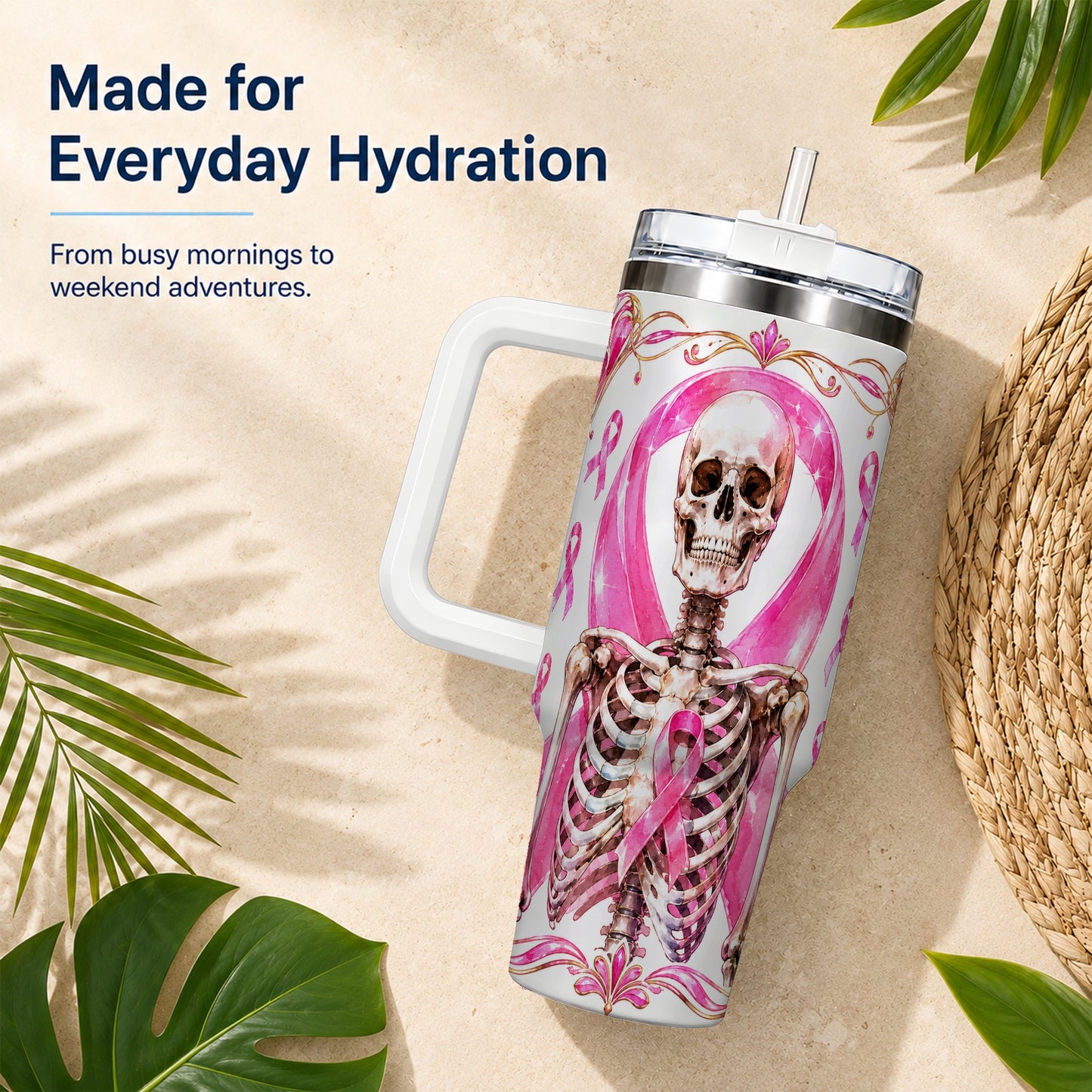 #pl[40oz|White] Skeleton 40oz Tumbler with Handle, Pink Ribbon Stainless Steel Travel Cup
