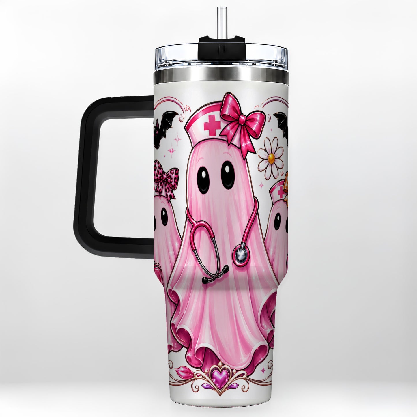 #pl[40oz|Black] Nurse Ghost Trio 40oz Tumbler with Handle, Stainless Steel Travel Cup