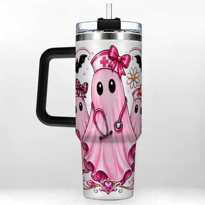 #pl[40oz|Black] Nurse Ghost Trio 40oz Tumbler with Handle, Stainless Steel Travel Cup