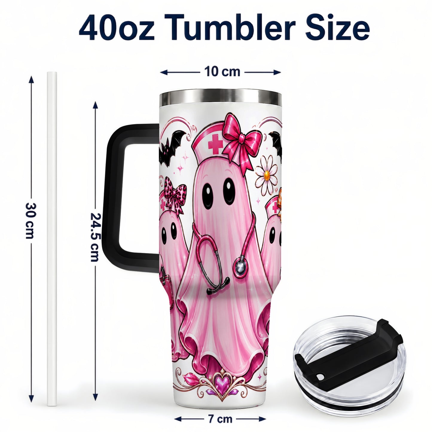 #pl[40oz|Black] Nurse Ghost Trio 40oz Tumbler with Handle, Stainless Steel Travel Cup