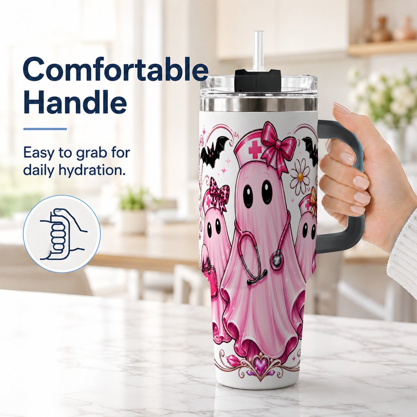 #pl[40oz|Black] Nurse Ghost Trio 40oz Tumbler with Handle, Stainless Steel Travel Cup