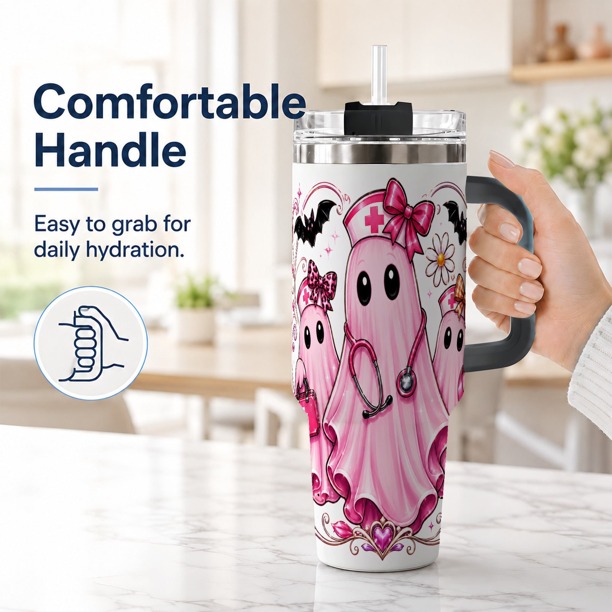 #pl[40oz|Black] Nurse Ghost Trio 40oz Tumbler with Handle, Stainless Steel Travel Cup