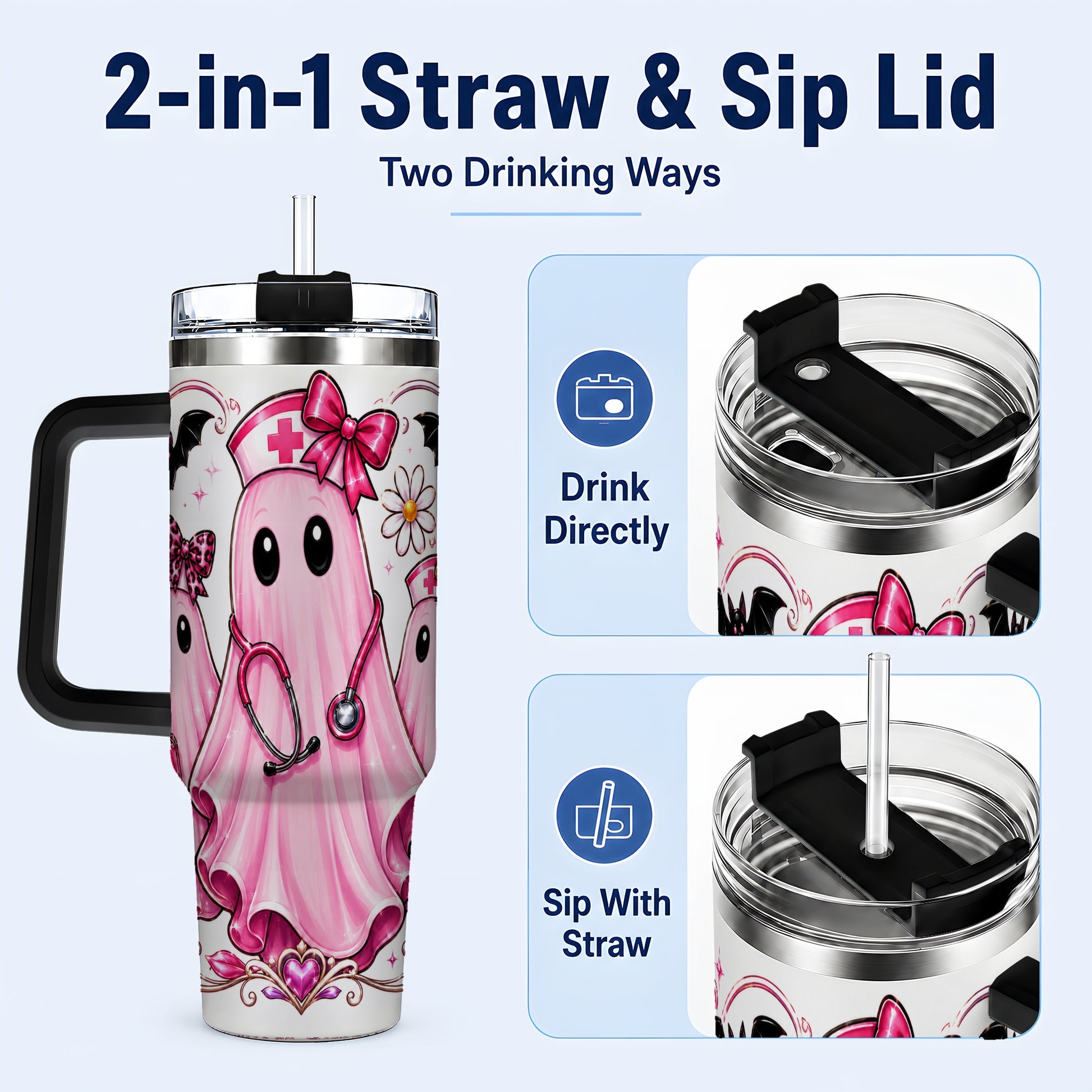 #pl[40oz|Black] Nurse Ghost Trio 40oz Tumbler with Handle, Stainless Steel Travel Cup