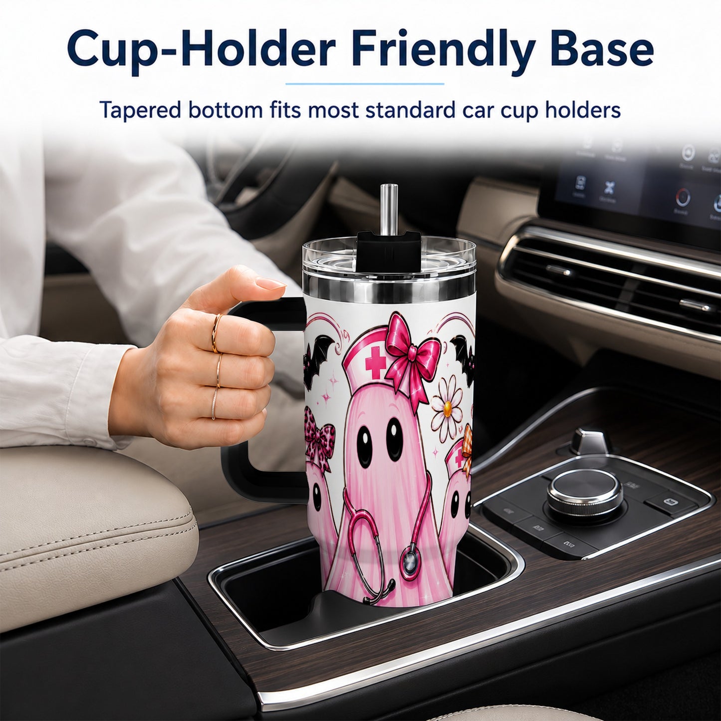 #pl[40oz|Black] Nurse Ghost Trio 40oz Tumbler with Handle, Stainless Steel Travel Cup
