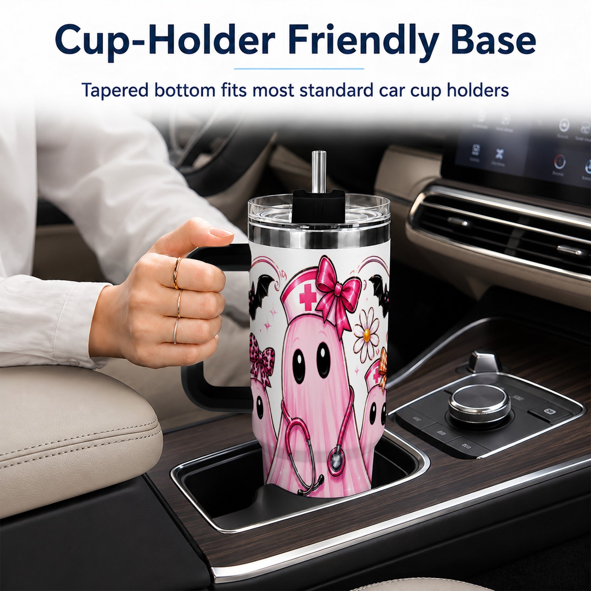 #pl[40oz|Black] Nurse Ghost Trio 40oz Tumbler with Handle, Stainless Steel Travel Cup