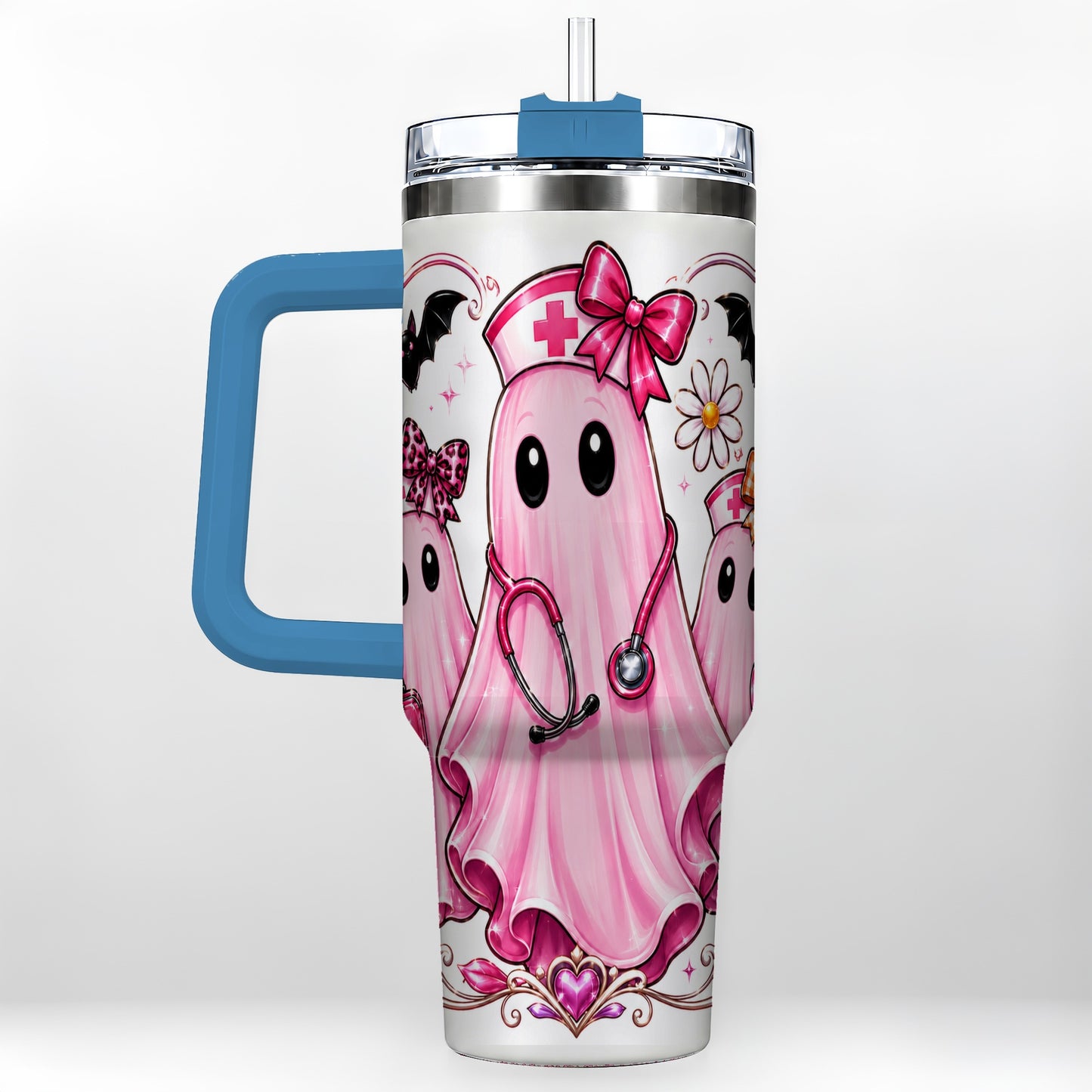 #pl[40oz|Blue] Nurse Ghost Trio 40oz Tumbler with Handle, Stainless Steel Travel Cup