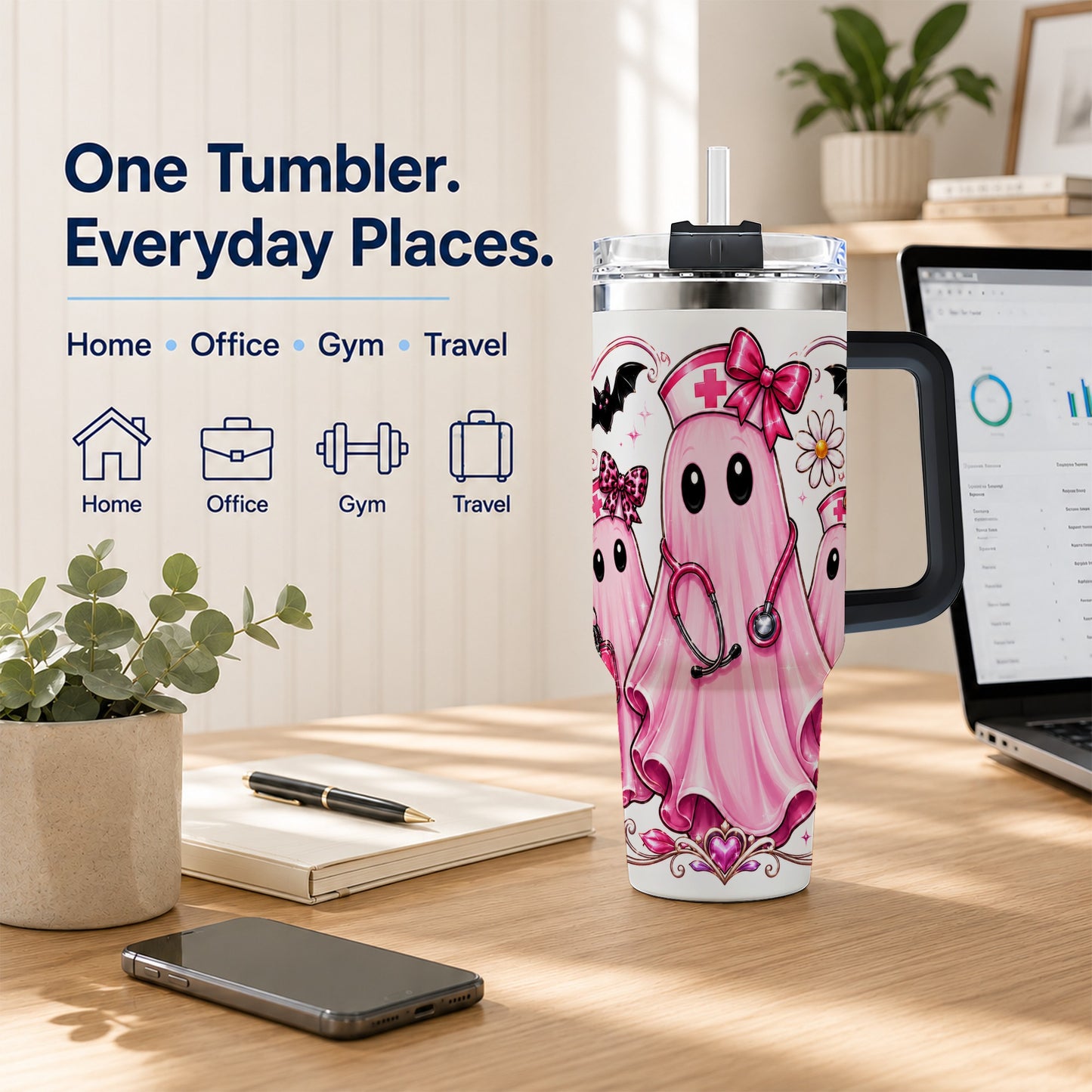 #pl[40oz|Black] Nurse Ghost Trio 40oz Tumbler with Handle, Stainless Steel Travel Cup