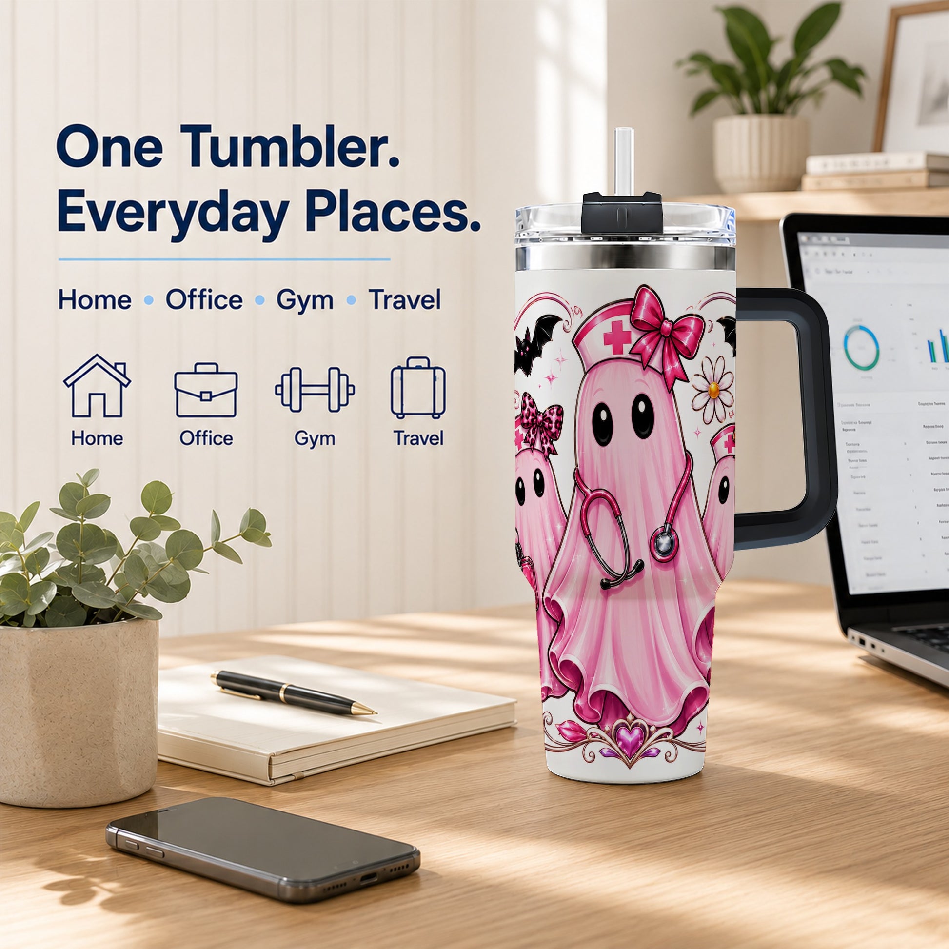 #pl[40oz|Black] Nurse Ghost Trio 40oz Tumbler with Handle, Stainless Steel Travel Cup
