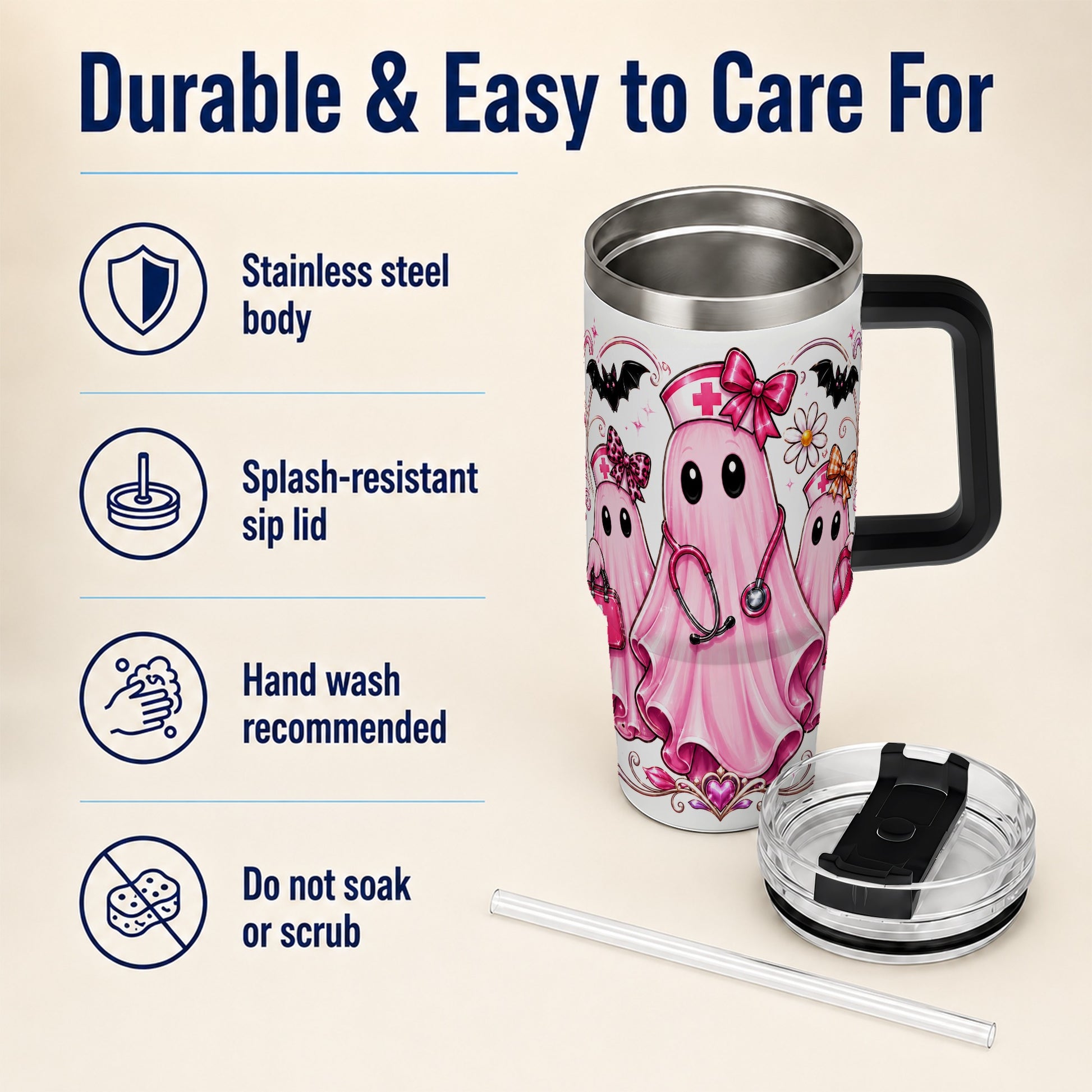 #pl[40oz|Black] Nurse Ghost Trio 40oz Tumbler with Handle, Stainless Steel Travel Cup