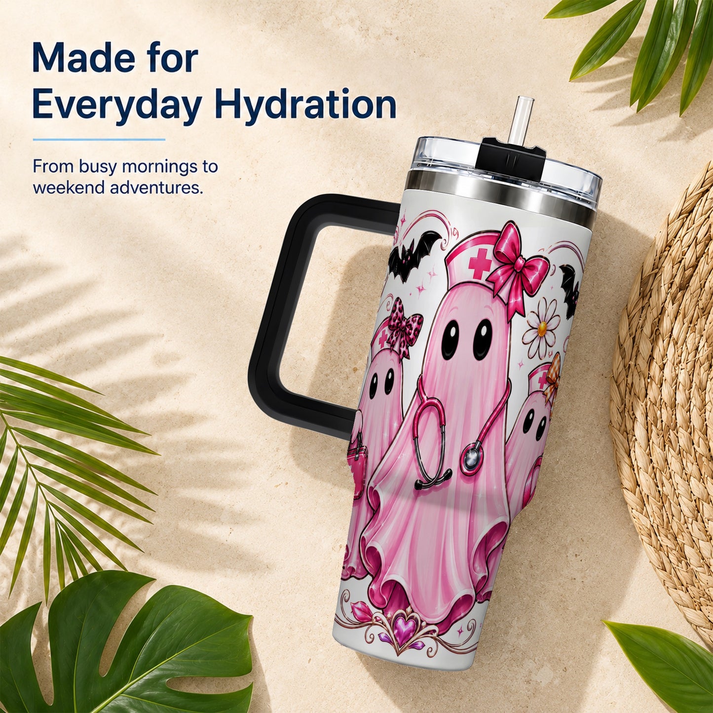 #pl[40oz|Black] Nurse Ghost Trio 40oz Tumbler with Handle, Stainless Steel Travel Cup