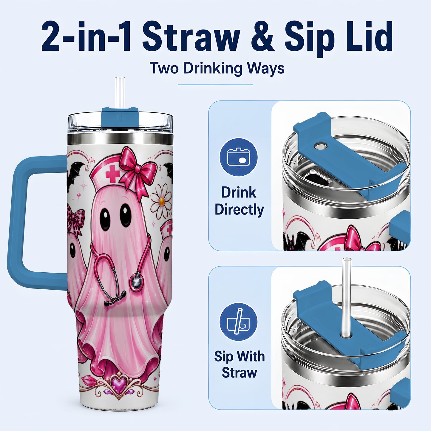 #pl[40oz|Blue] Nurse Ghost Trio 40oz Tumbler with Handle, Stainless Steel Travel Cup