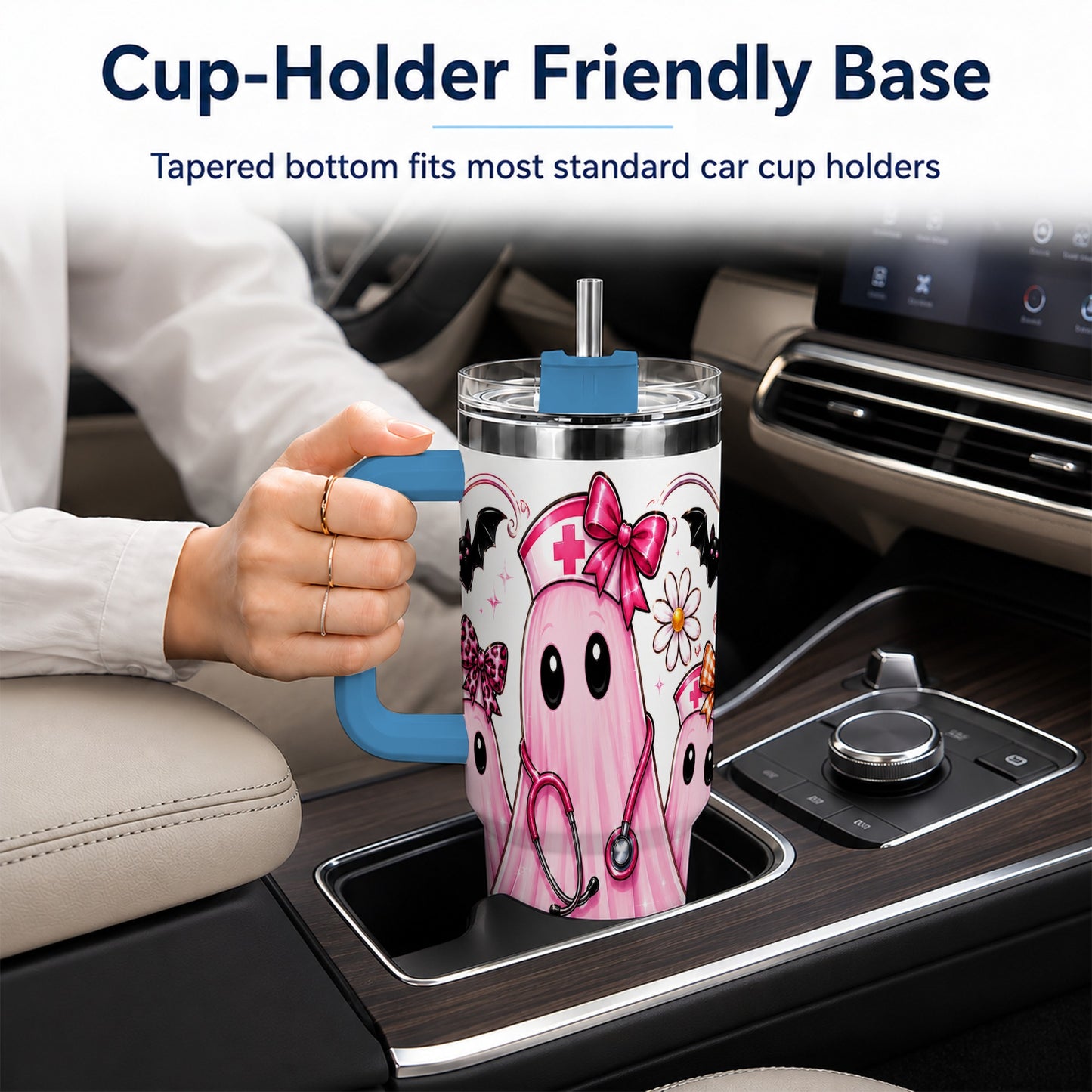 #pl[40oz|Blue] Nurse Ghost Trio 40oz Tumbler with Handle, Stainless Steel Travel Cup
