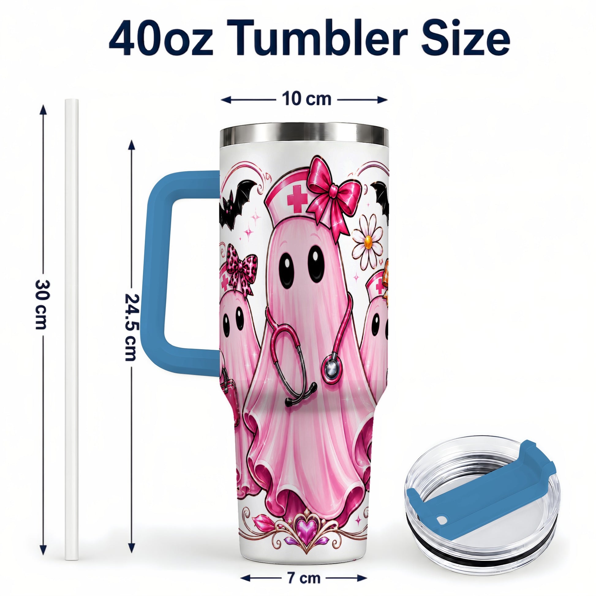 #pl[40oz|Blue] Nurse Ghost Trio 40oz Tumbler with Handle, Stainless Steel Travel Cup