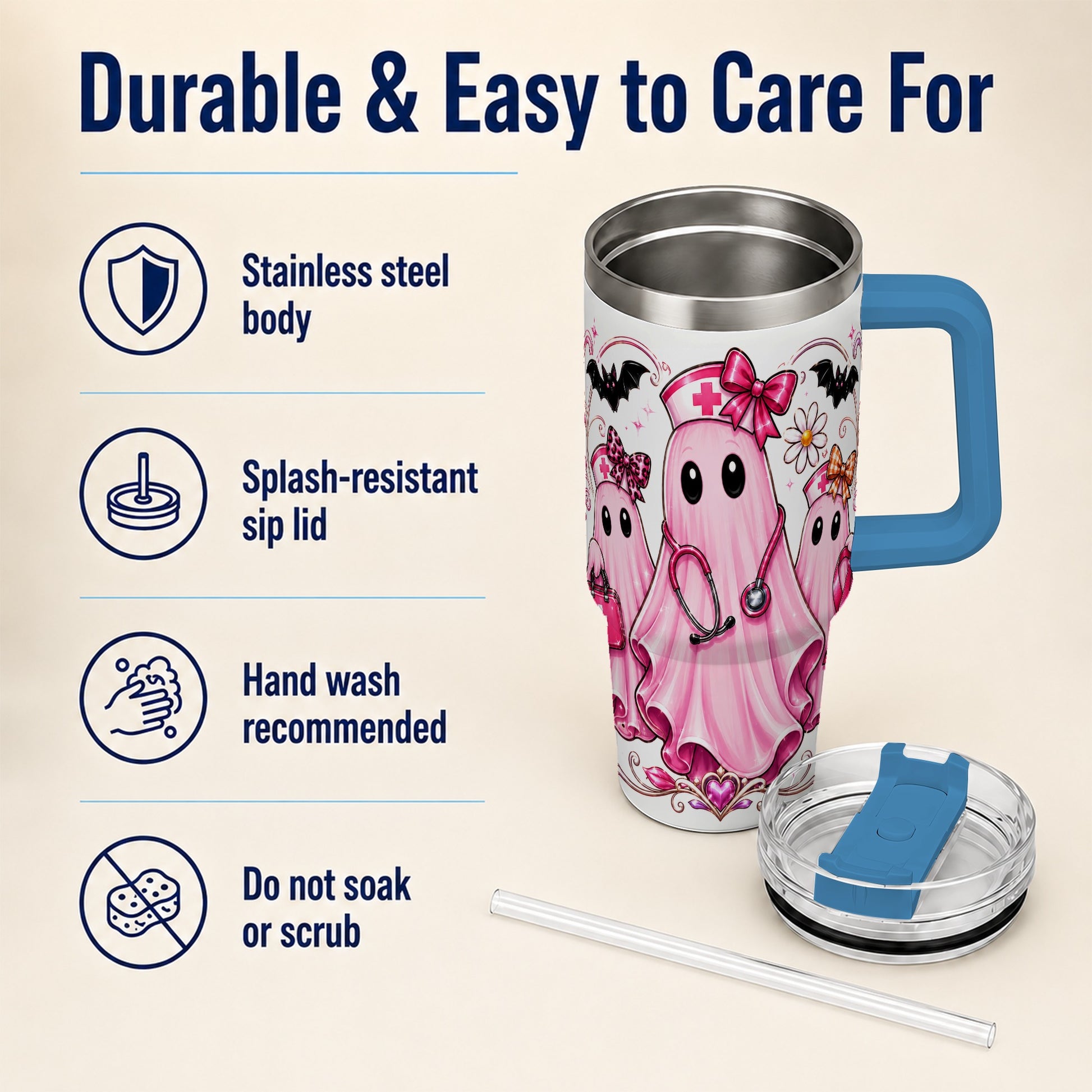 #pl[40oz|Blue] Nurse Ghost Trio 40oz Tumbler with Handle, Stainless Steel Travel Cup