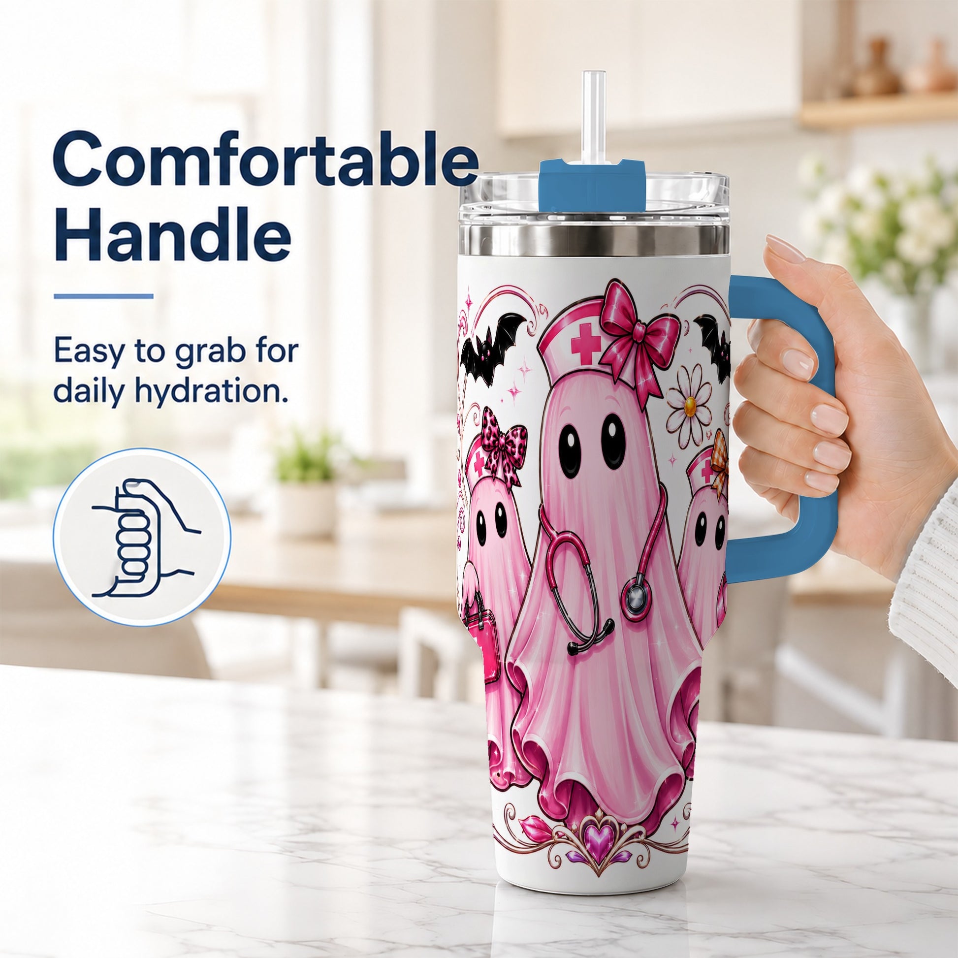 #pl[40oz|Blue] Nurse Ghost Trio 40oz Tumbler with Handle, Stainless Steel Travel Cup