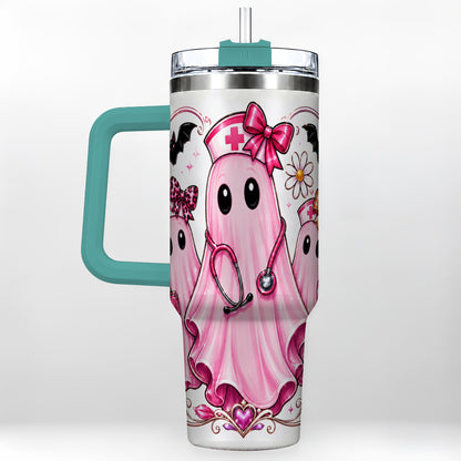 #pl[40oz|Green] Nurse Ghost Trio 40oz Tumbler with Handle, Stainless Steel Travel Cup