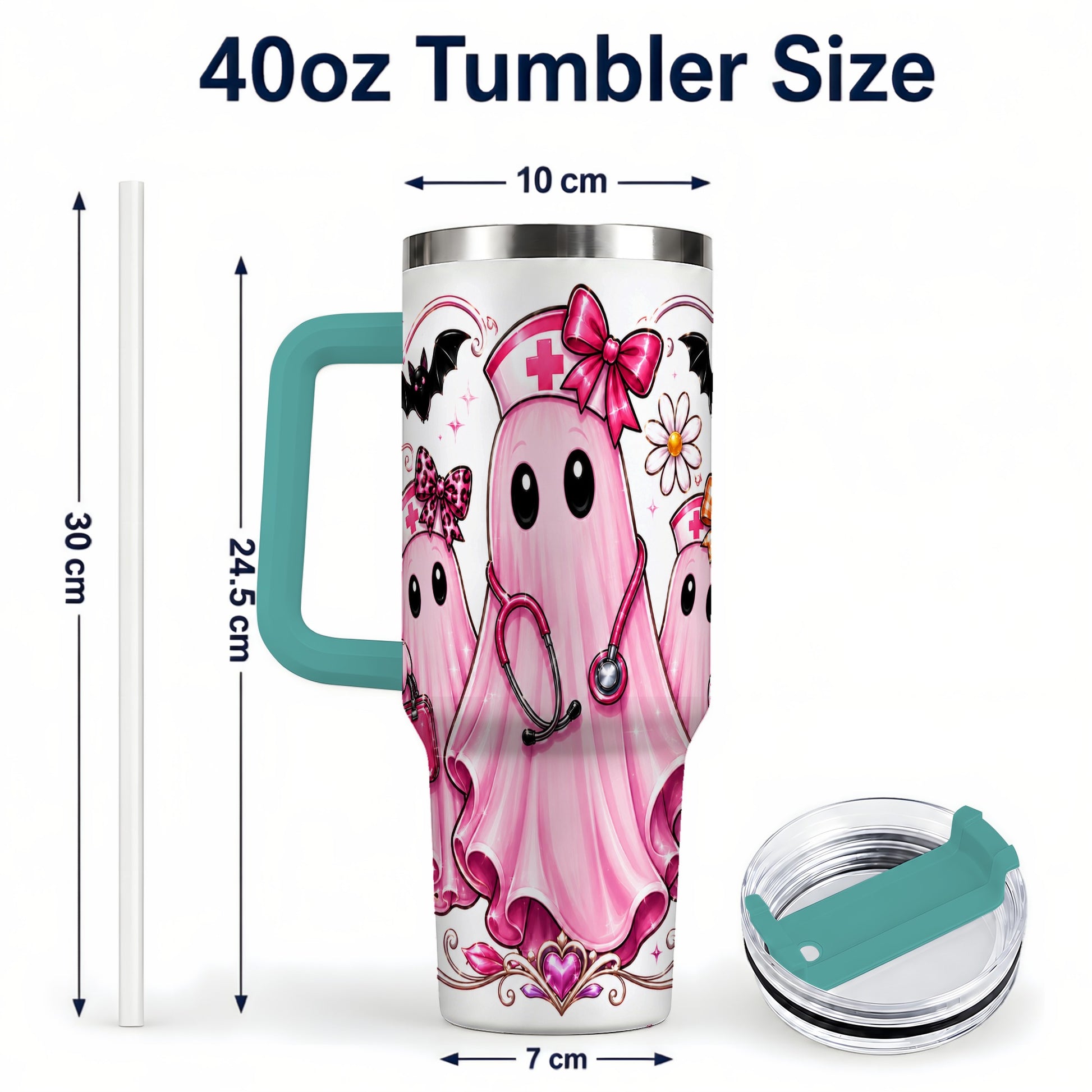 #pl[40oz|Green] Nurse Ghost Trio 40oz Tumbler with Handle, Stainless Steel Travel Cup