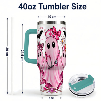 #pl[40oz|Green] Nurse Ghost Trio 40oz Tumbler with Handle, Stainless Steel Travel Cup