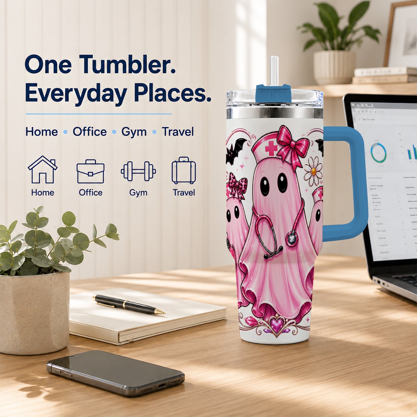 #pl[40oz|Blue] Nurse Ghost Trio 40oz Tumbler with Handle, Stainless Steel Travel Cup